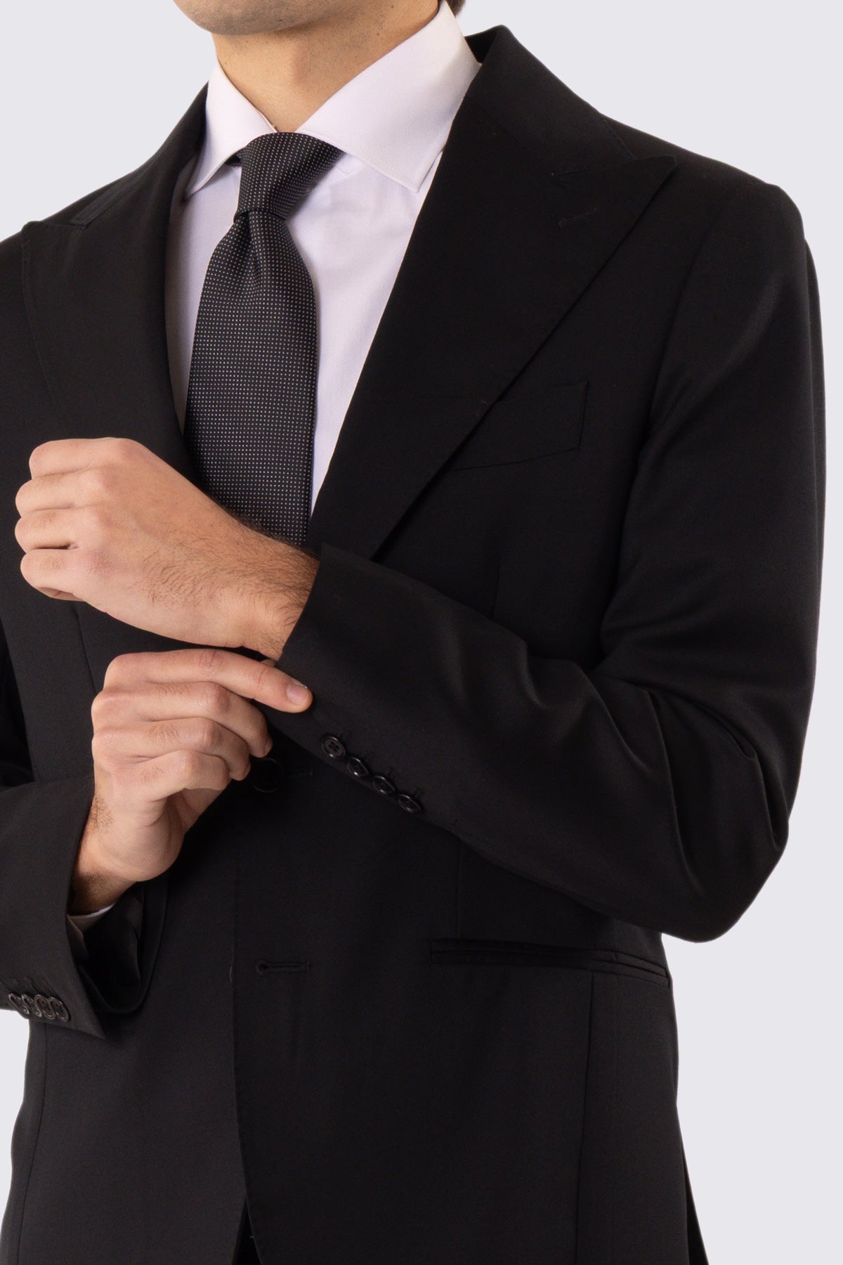 Abito uomo Monopetto nero fresco lana super 110's Tessuti in esclusiva Sartoria Carillo completamente sfoderato con Rever a lancia e tasche a filetto
