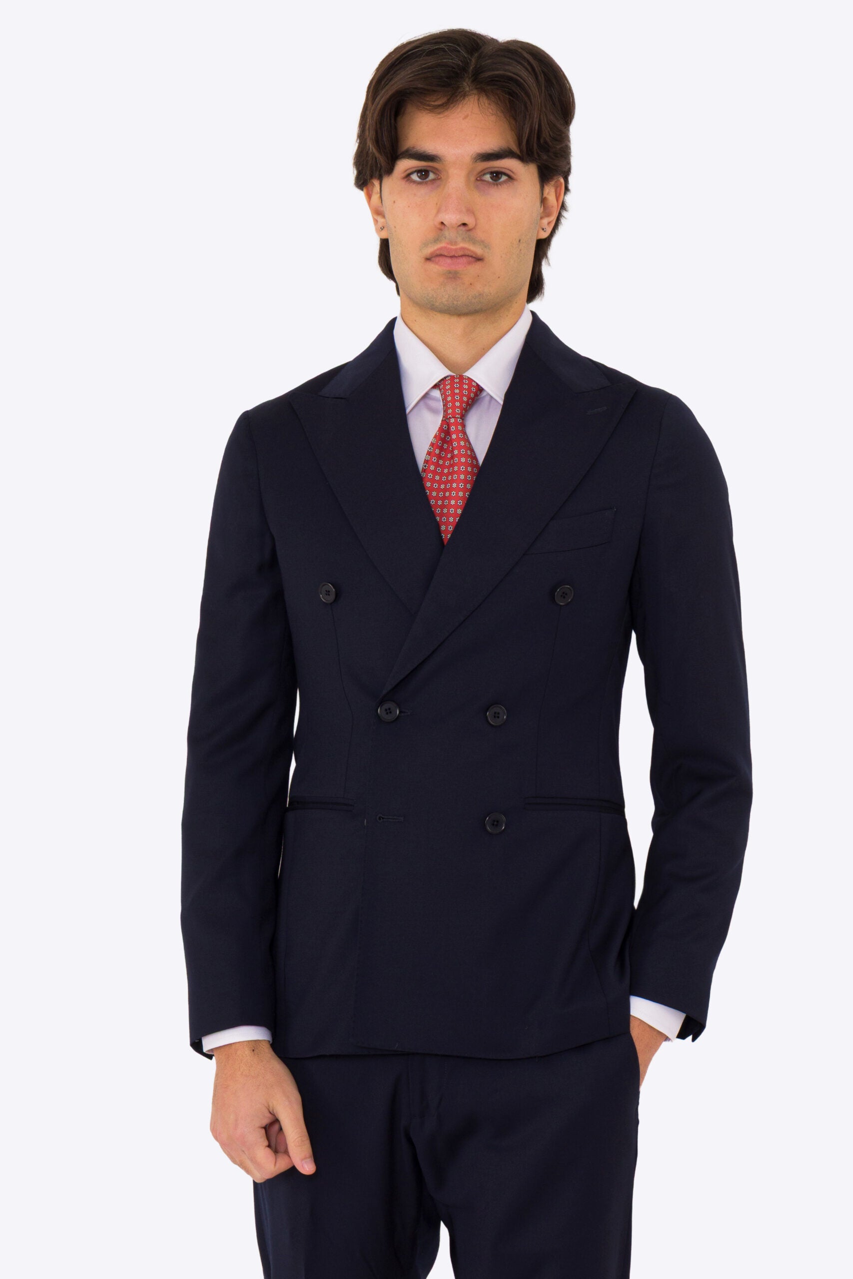Abito uomo Doppiopetto blu notte fresco lana super 110's Tessuti in esclusiva Sartoria Carillo completamente sfoderato con Rever a lancia e tasche a filetto