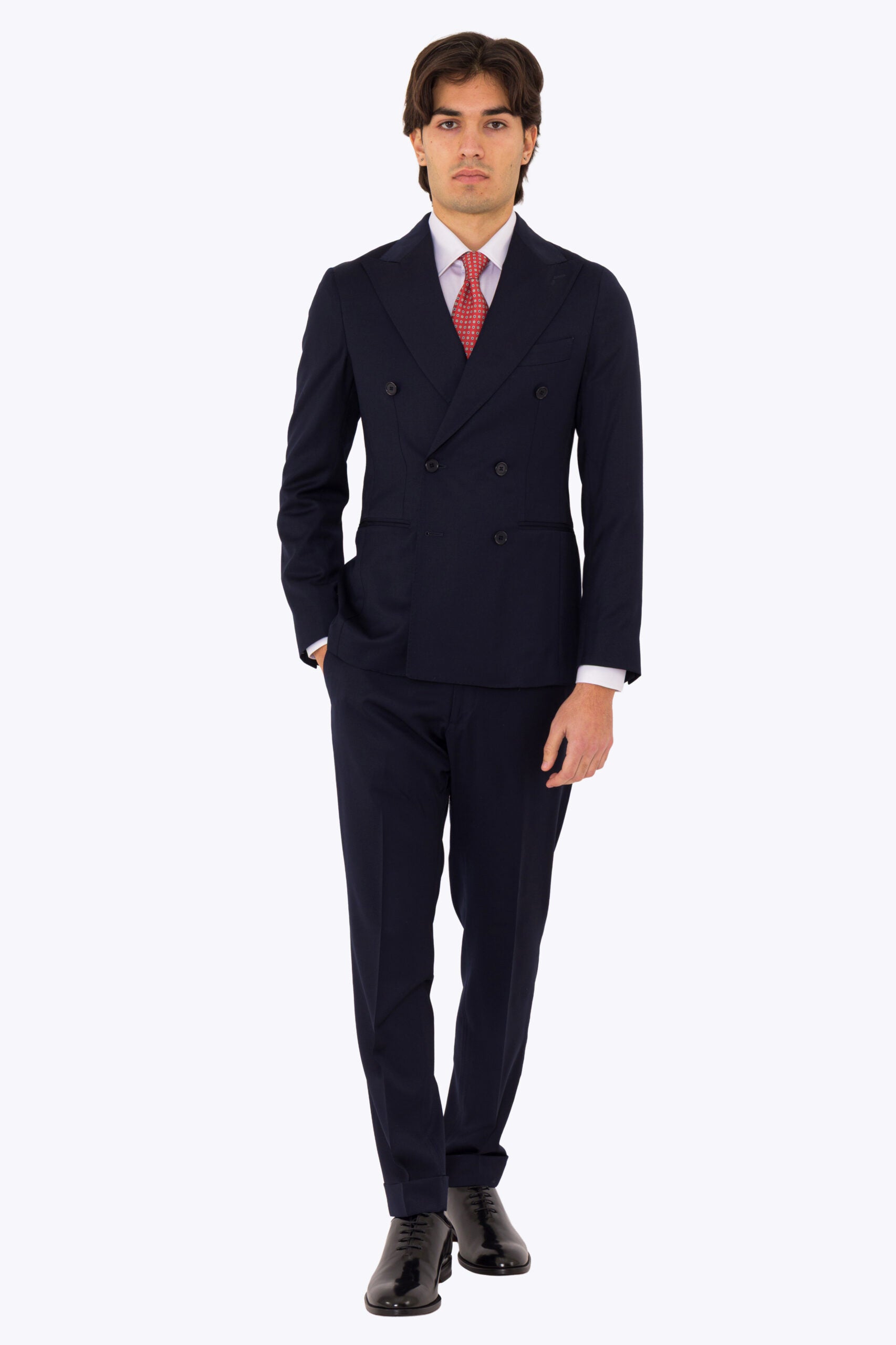 Abito uomo Doppiopetto blu notte fresco lana super 110's Tessuti in esclusiva Sartoria Carillo completamente sfoderato con Rever a lancia e tasche a filetto