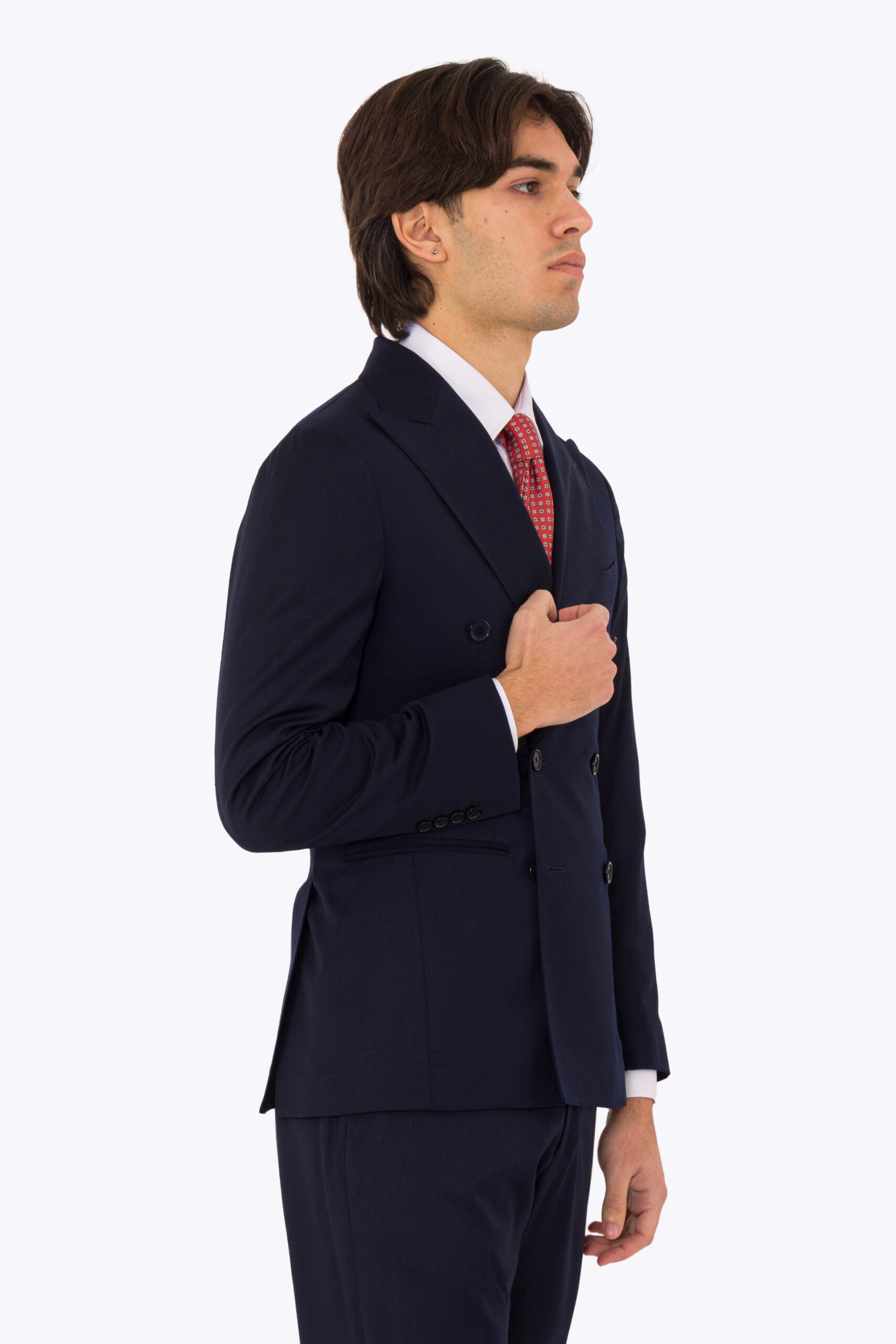 Abito uomo Doppiopetto blu notte fresco lana super 110's Tessuti in esclusiva Sartoria Carillo completamente sfoderato con Rever a lancia e tasche a filetto