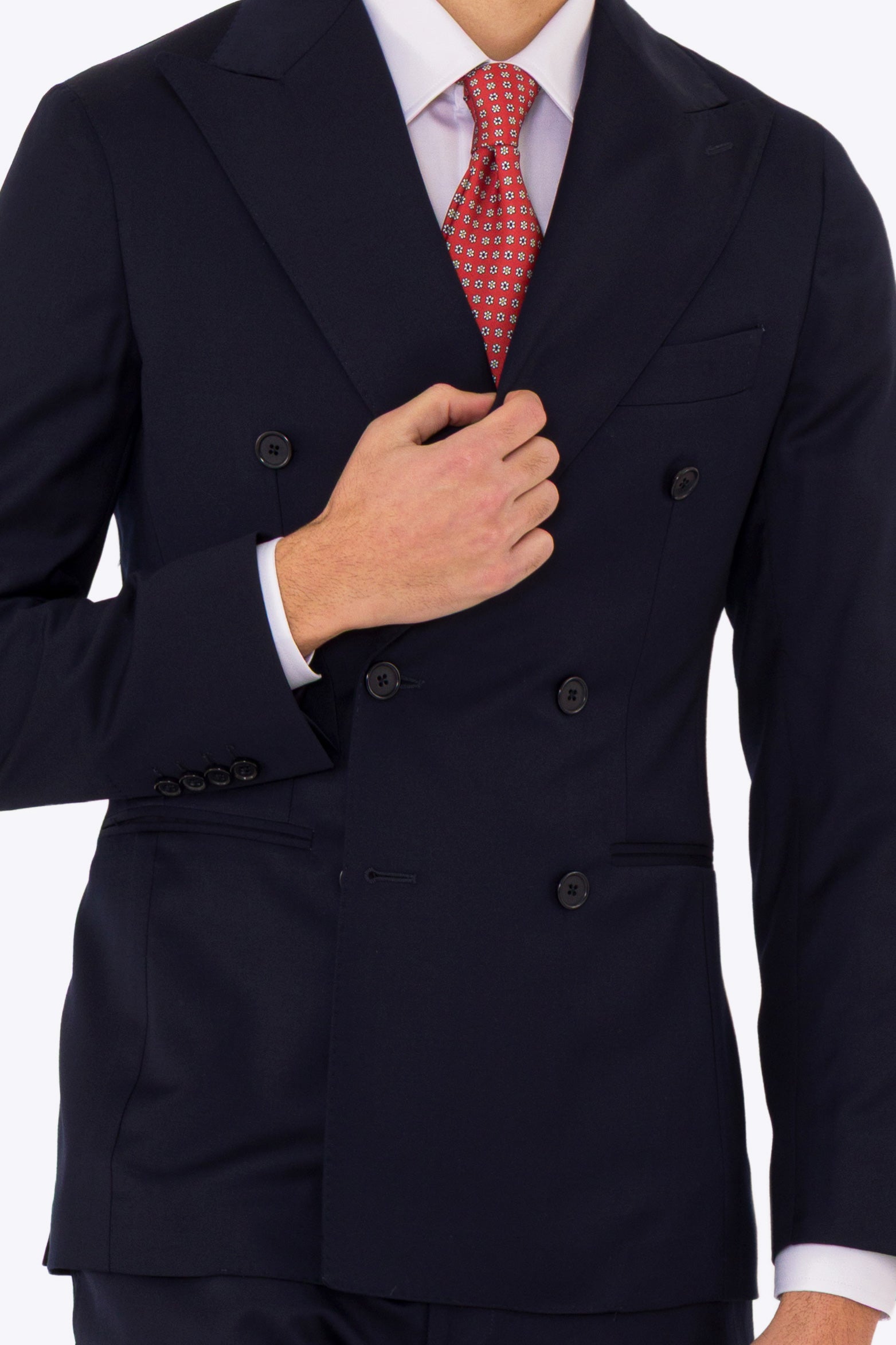 Abito uomo Doppiopetto blu notte fresco lana super 110's Tessuti in esclusiva Sartoria Carillo completamente sfoderato con Rever a lancia e tasche a filetto