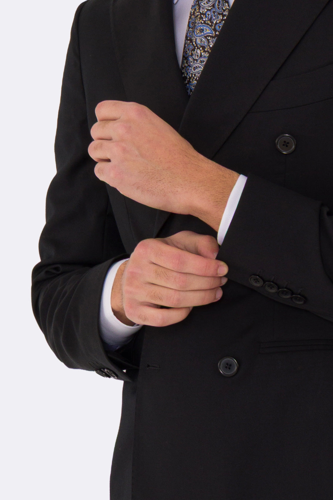 Abito uomo Doppiopetto nero fresco lana super 110's Tessuti in esclusiva Sartoria Carillo completamente sfoderato con Rever a lancia e tasche a filetto