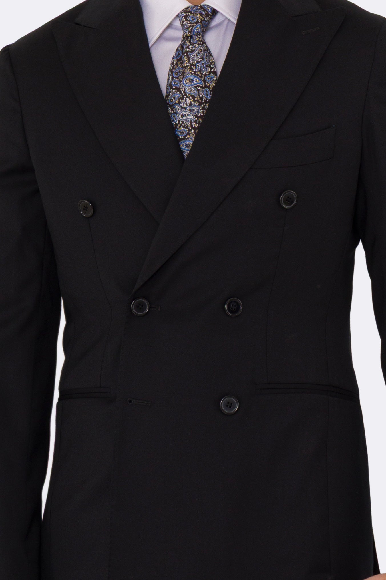 Abito uomo Doppiopetto nero fresco lana super 110's Tessuti in esclusiva Sartoria Carillo completamente sfoderato con Rever a lancia e tasche a filetto
