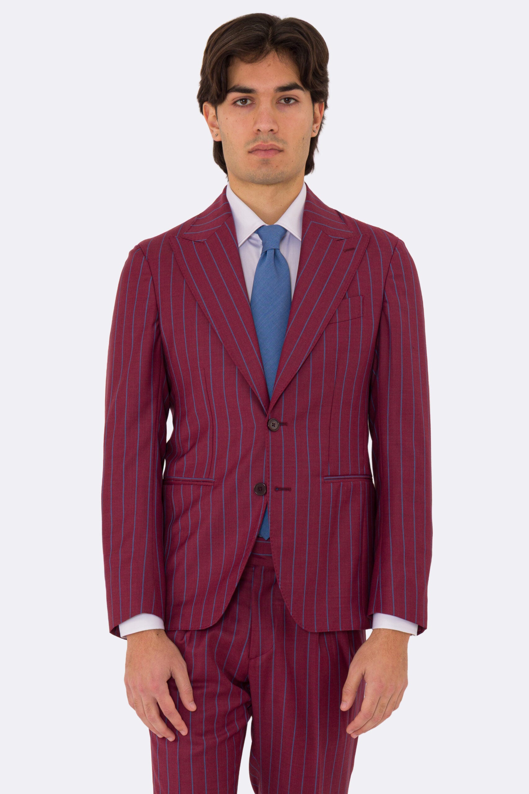 Abito uomo monopetto bordeaux gessato azzurro fresco lana super 150's Tessuti bristol napoli completamente sfoderato con Rever a lancia e tasche a filetto