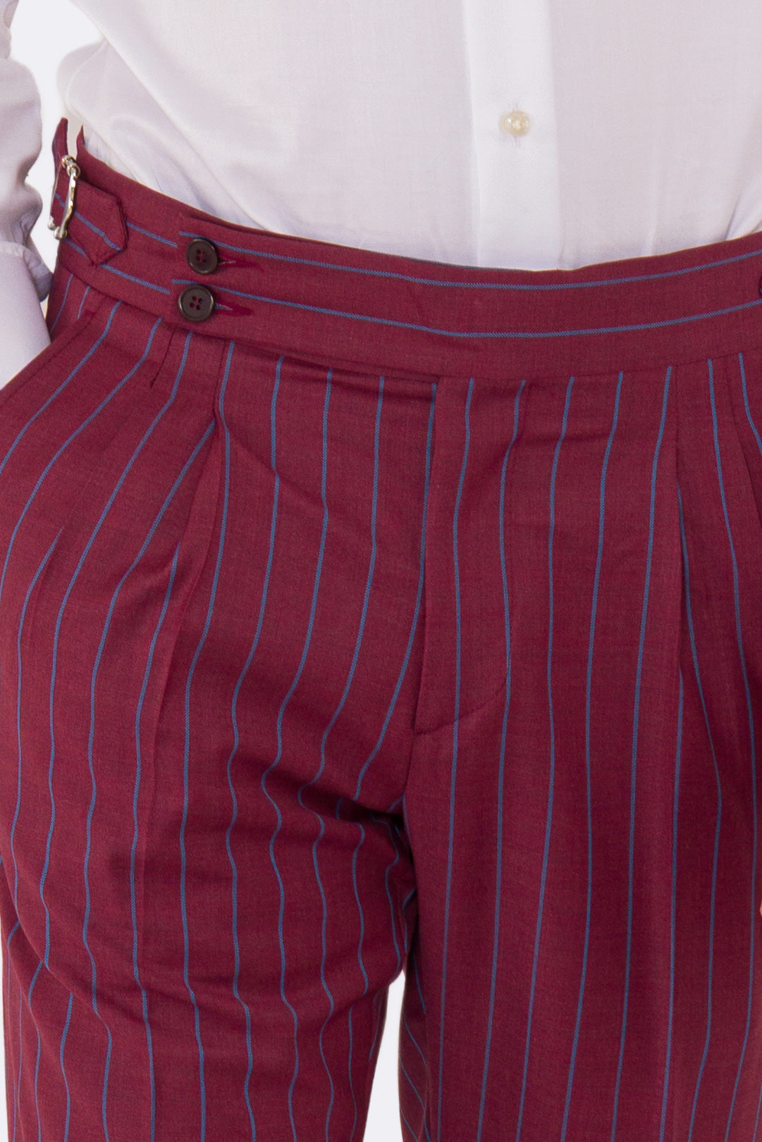 Abito uomo monopetto bordeaux gessato azzurro fresco lana super 150's Tessuti bristol napoli completamente sfoderato con Rever a lancia e tasche a filetto