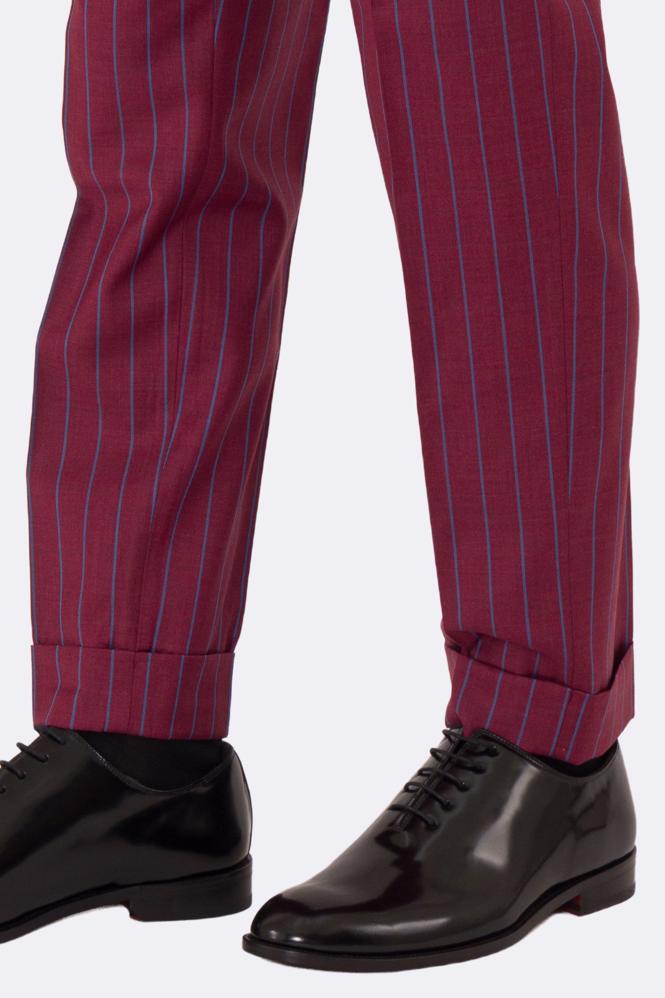 Abito uomo monopetto bordeaux gessato azzurro fresco lana super 150's Tessuti bristol napoli completamente sfoderato con Rever a lancia e tasche a filetto