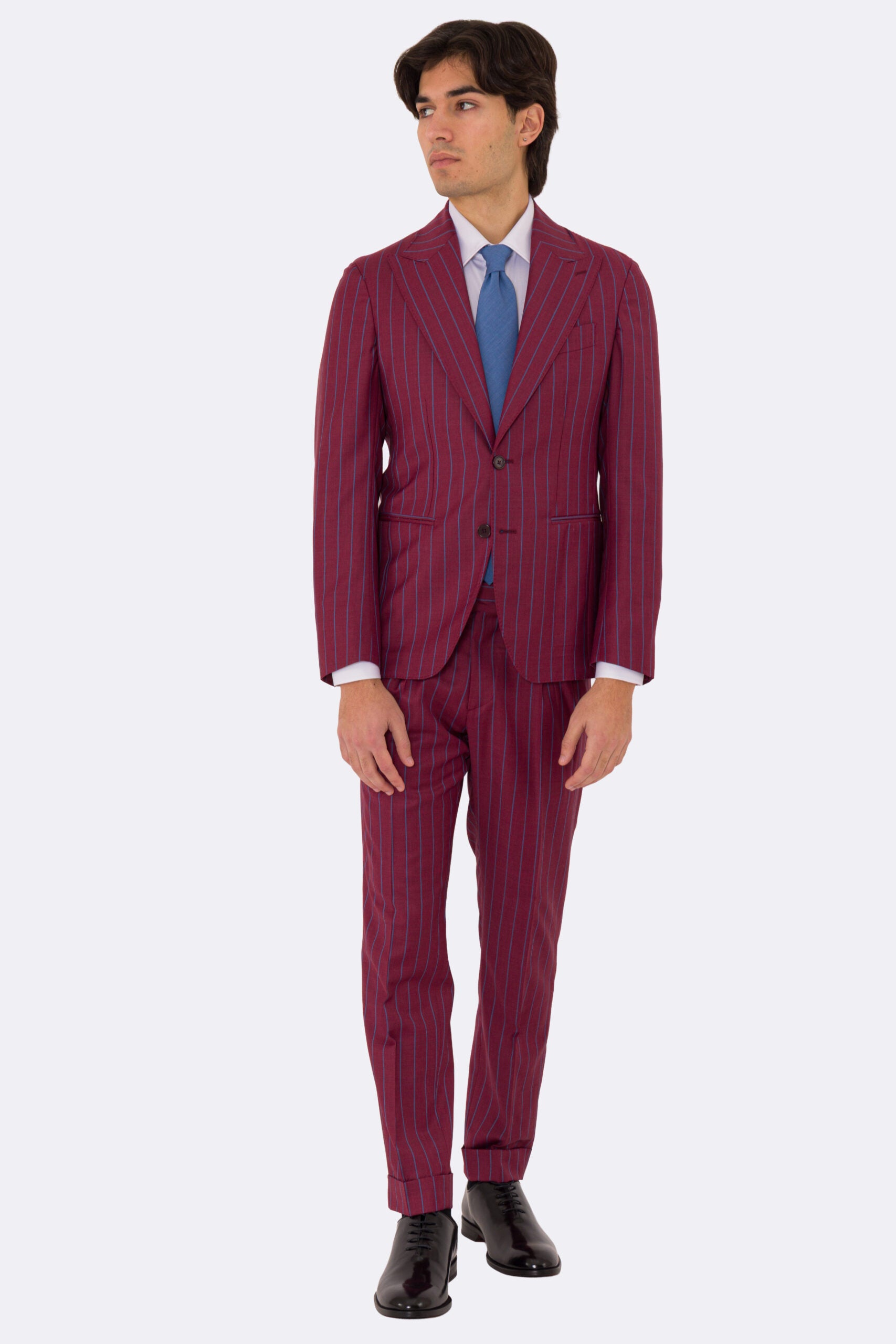 Abito uomo monopetto bordeaux gessato azzurro fresco lana super 150's Tessuti bristol napoli completamente sfoderato con Rever a lancia e tasche a filetto