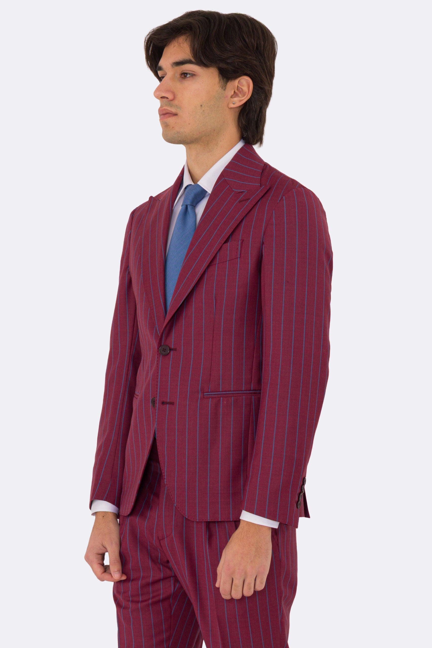 Abito uomo monopetto bordeaux gessato azzurro fresco lana super 150's Tessuti bristol napoli completamente sfoderato con Rever a lancia e tasche a filetto