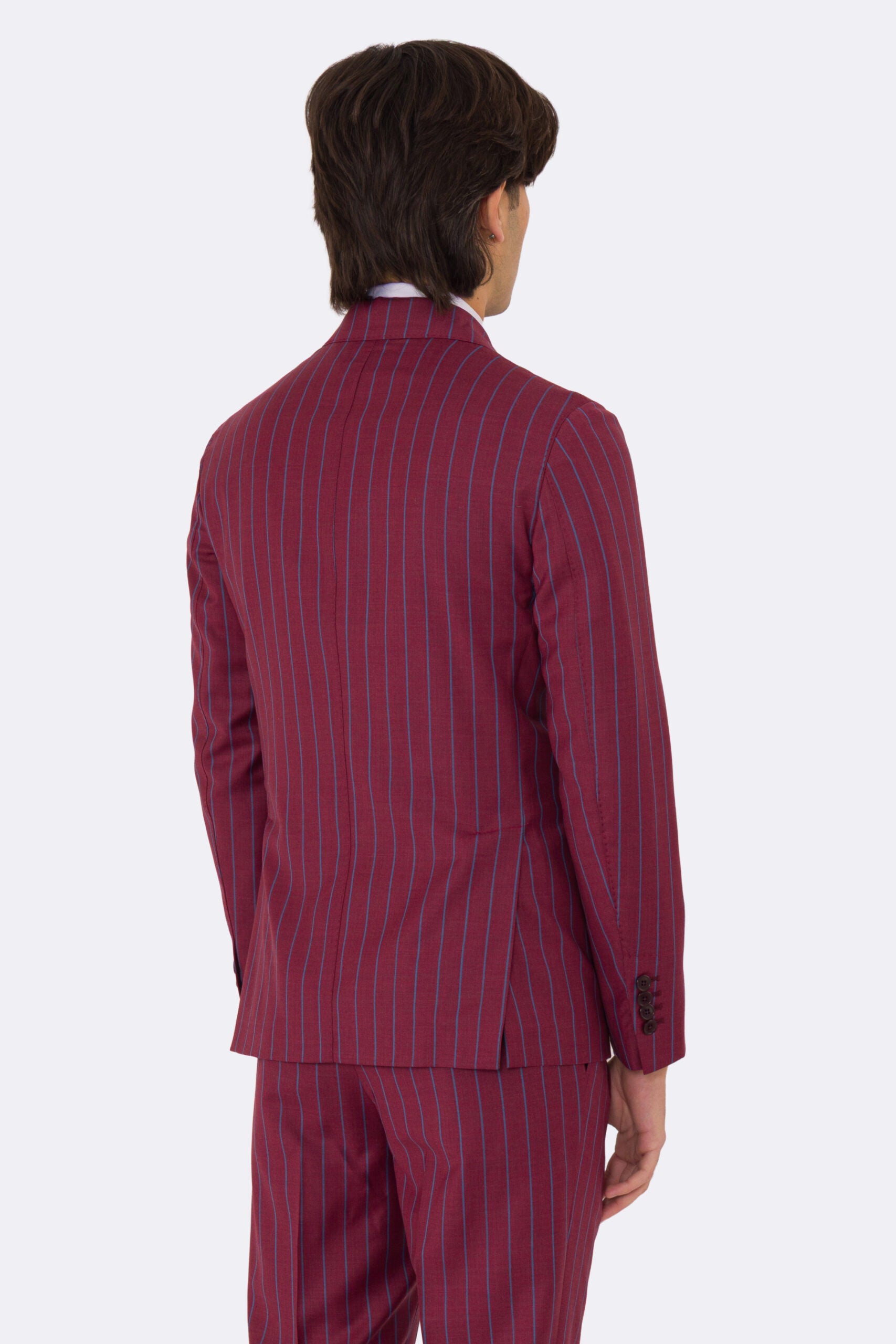 Abito uomo monopetto bordeaux gessato azzurro fresco lana super 150's Tessuti bristol napoli completamente sfoderato con Rever a lancia e tasche a filetto