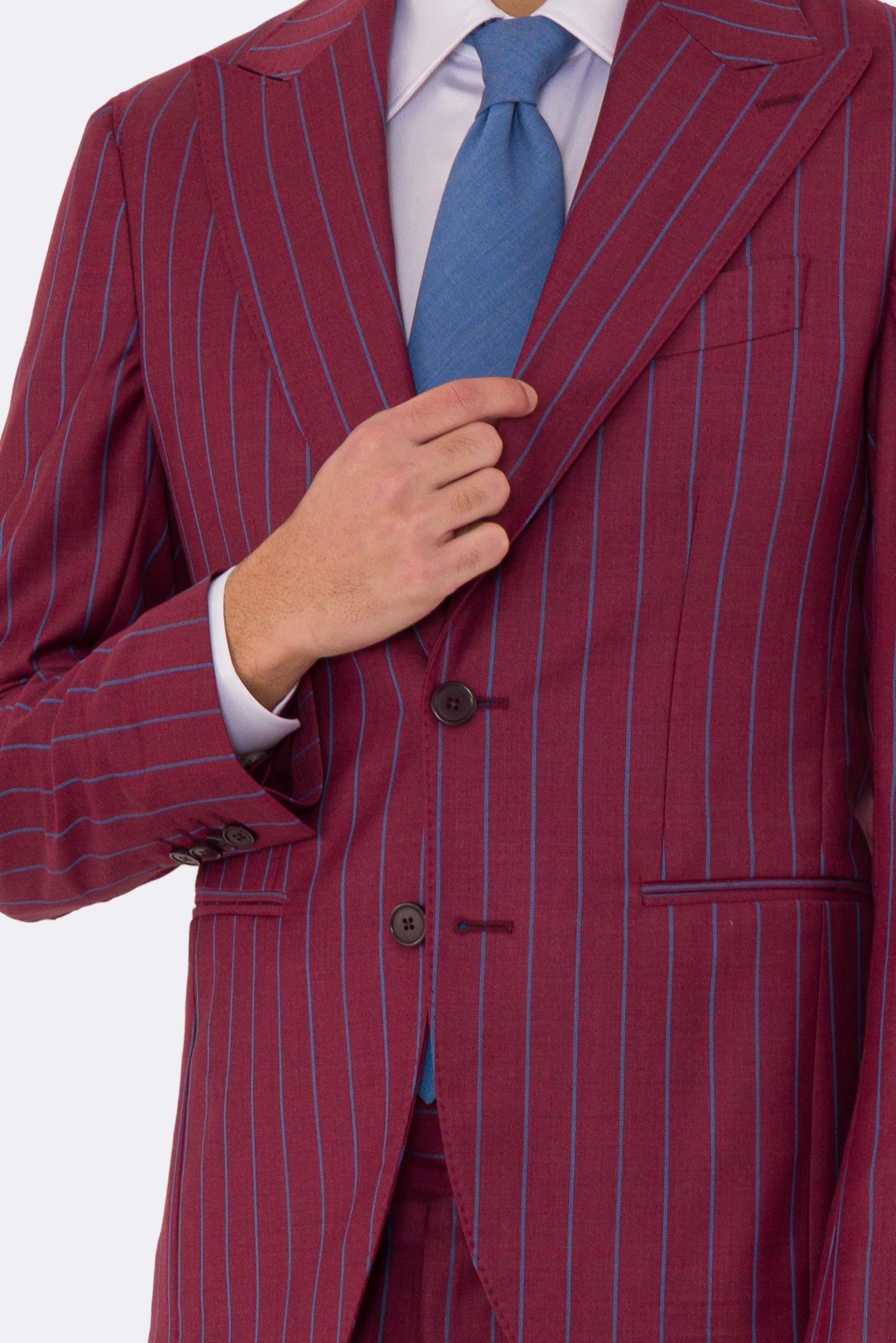 Abito uomo monopetto bordeaux gessato azzurro fresco lana super 150's Tessuti bristol napoli completamente sfoderato con Rever a lancia e tasche a filetto