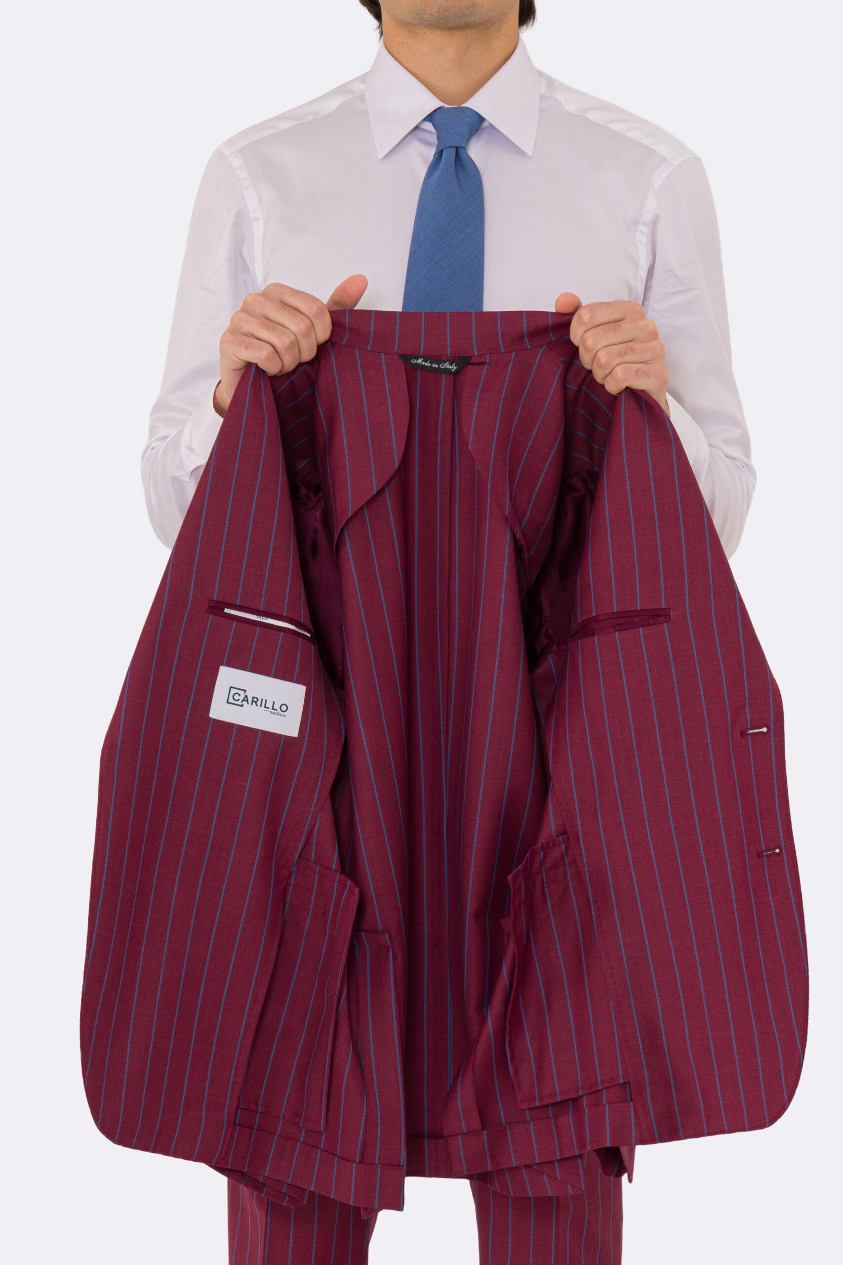 Abito uomo monopetto bordeaux gessato azzurro fresco lana super 150's Tessuti bristol napoli completamente sfoderato con Rever a lancia e tasche a filetto