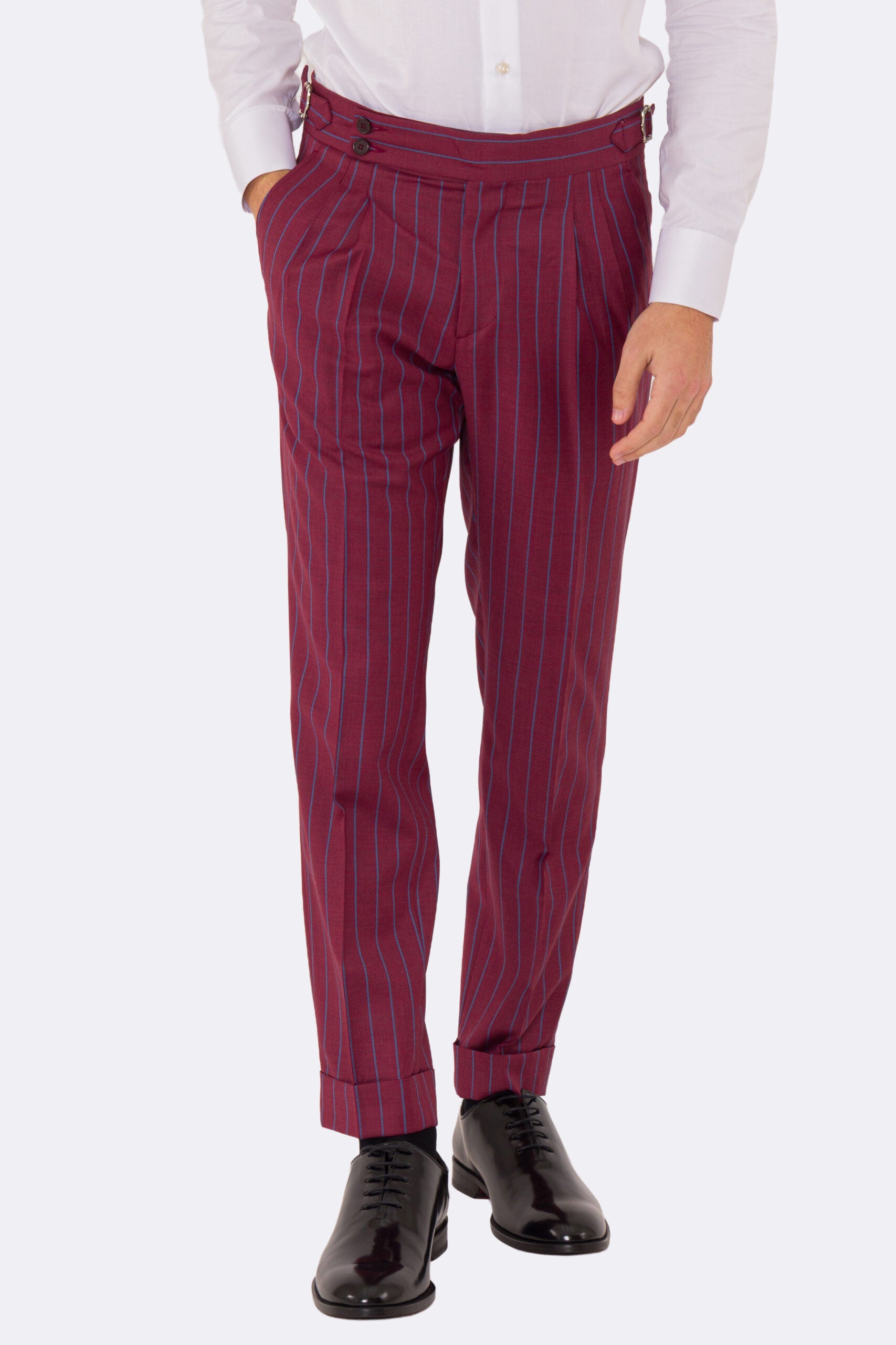 Abito uomo monopetto bordeaux gessato azzurro fresco lana super 150's Tessuti bristol napoli completamente sfoderato con Rever a lancia e tasche a filetto