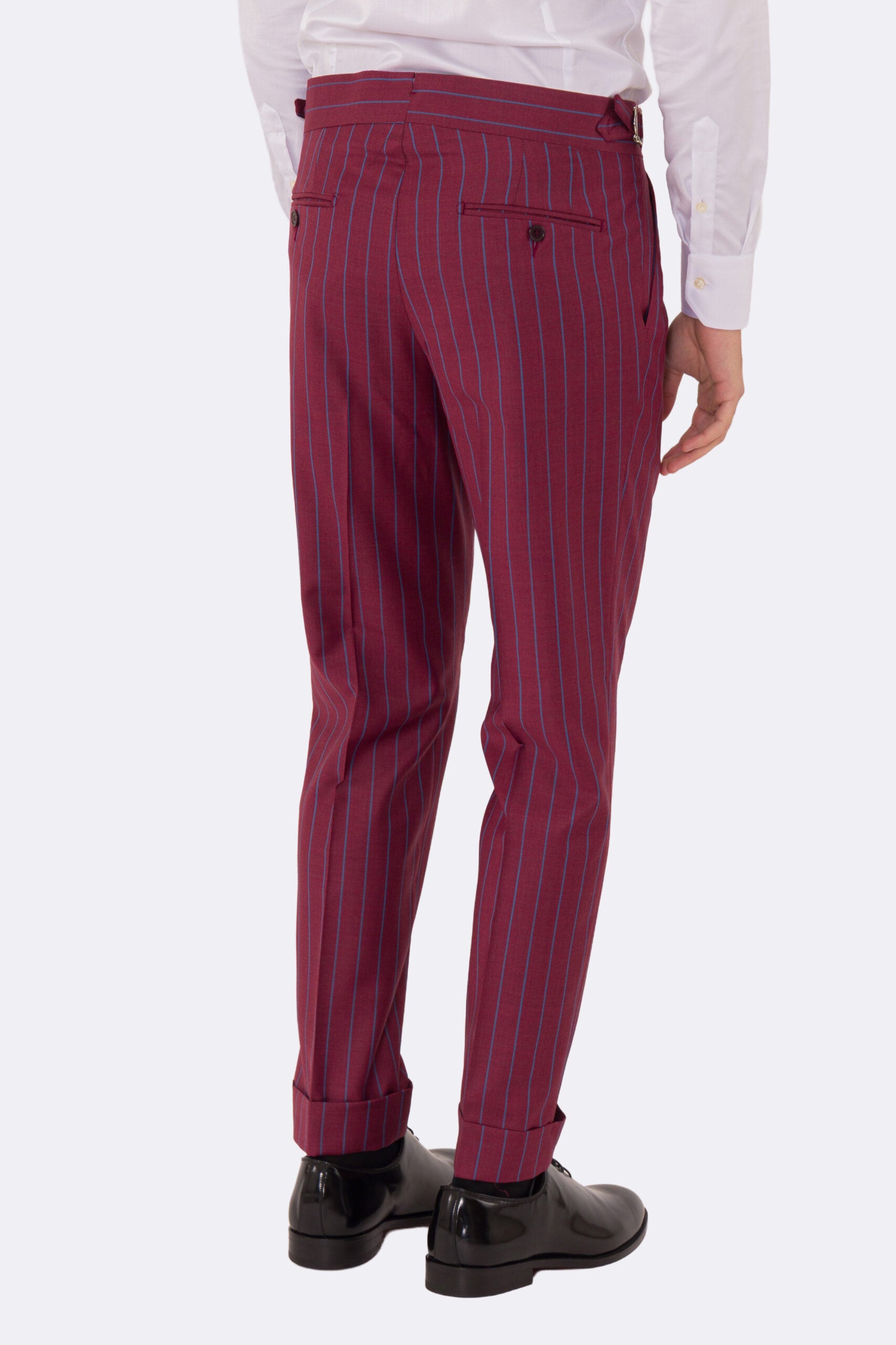 Abito uomo monopetto bordeaux gessato azzurro fresco lana super 150's Tessuti bristol napoli completamente sfoderato con Rever a lancia e tasche a filetto