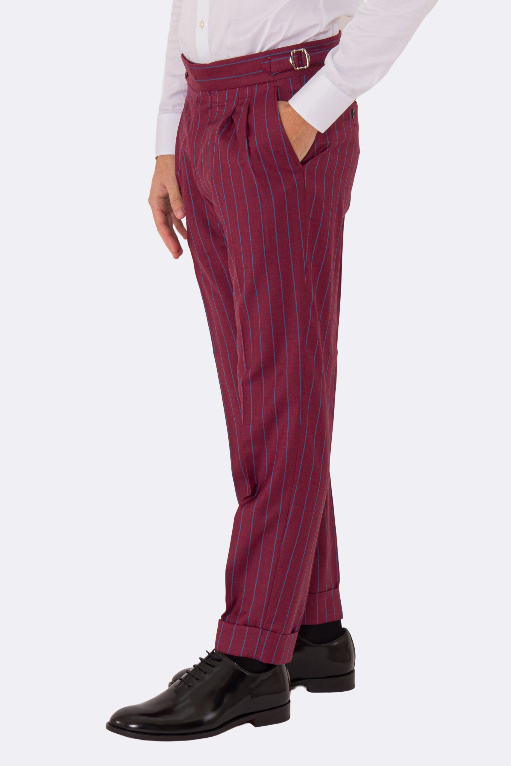 Abito uomo monopetto bordeaux gessato azzurro fresco lana super 150's Tessuti bristol napoli completamente sfoderato con Rever a lancia e tasche a filetto