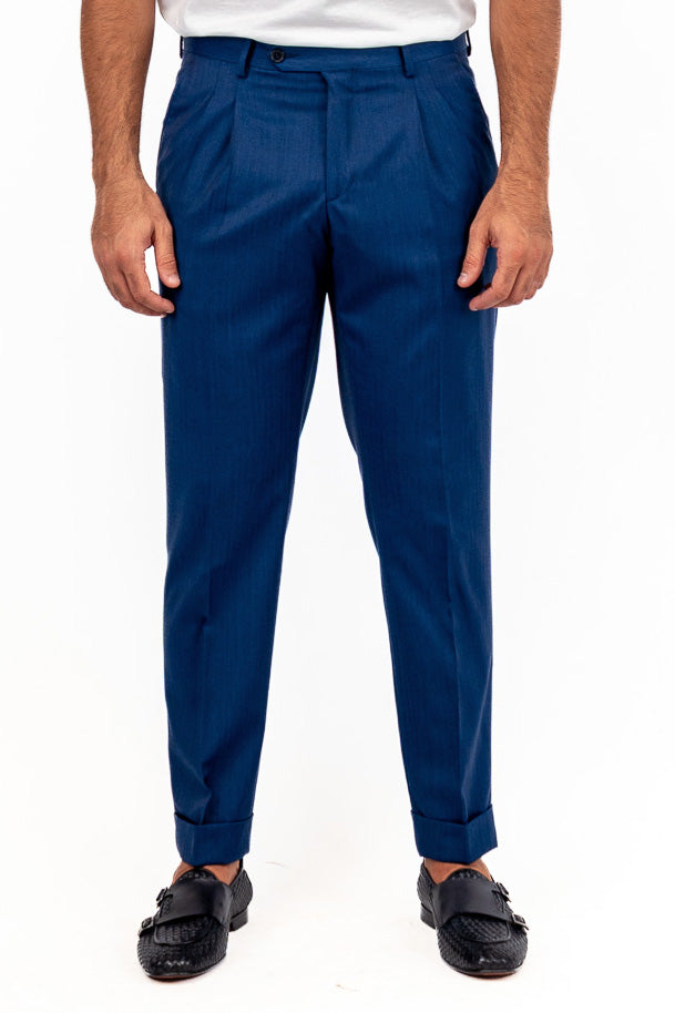 Pantalone solaro blu con passanti uomo  in fresco lana super 110's Tessuti in esclusiva Sartoria Carillo  vita alta doppia pinces e risvolto 5cm