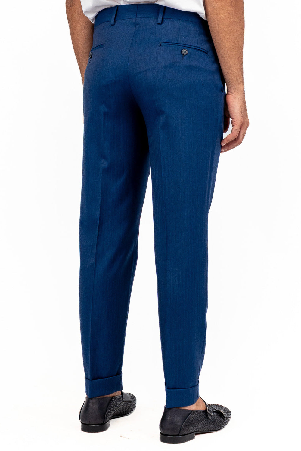Pantalone solaro blu con passanti uomo  in fresco lana super 110's Tessuti in esclusiva Sartoria Carillo  vita alta doppia pinces e risvolto 5cm