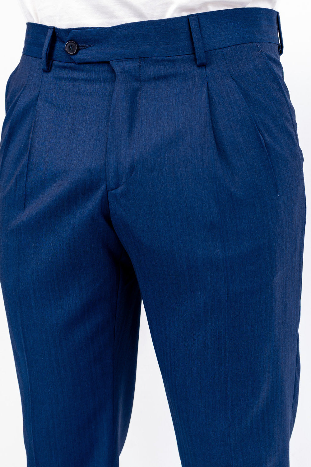 Pantalone solaro blu con passanti uomo  in fresco lana super 110's Tessuti in esclusiva Sartoria Carillo  vita alta doppia pinces e risvolto 5cm