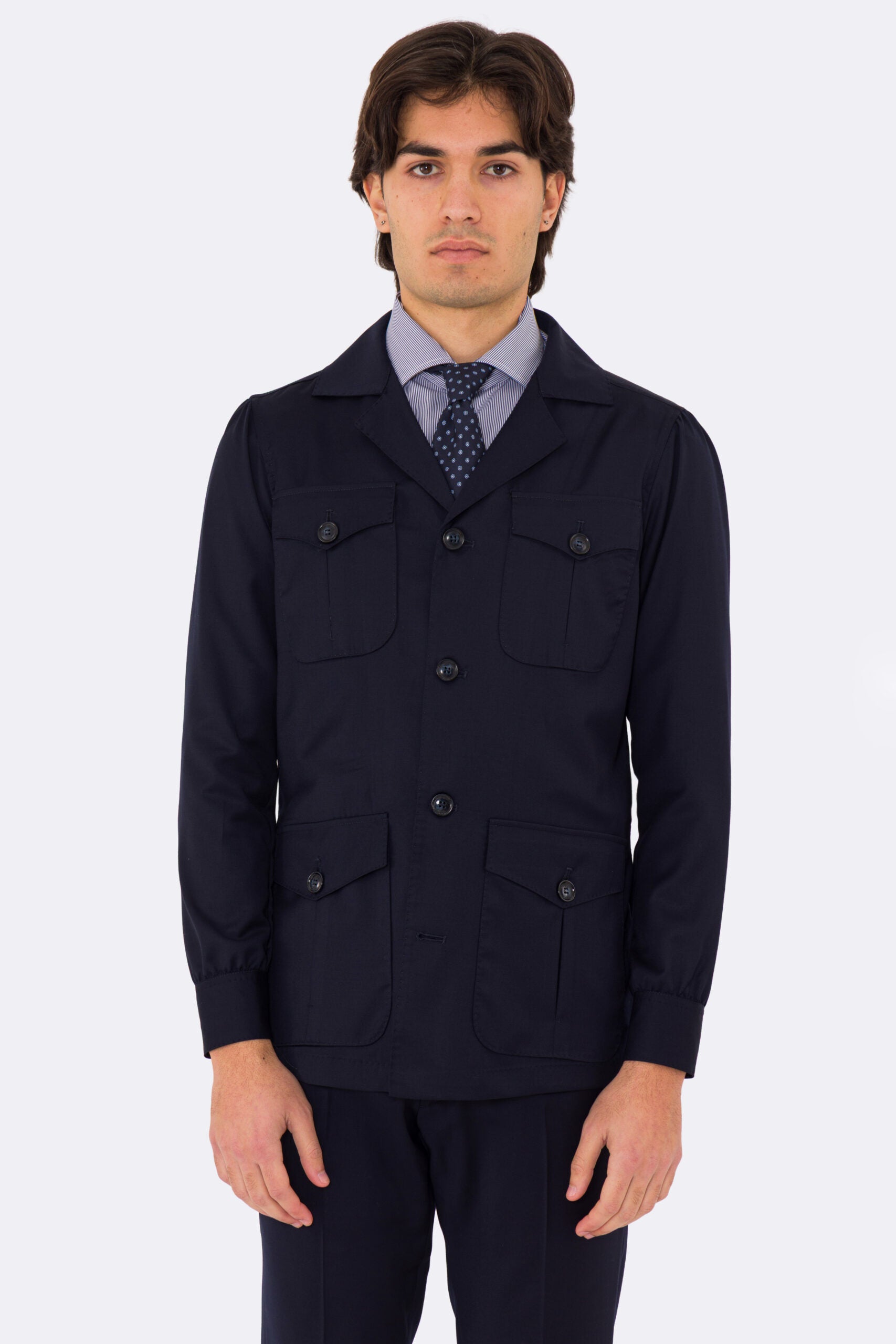 Sahariana blu navy fresco lana Sartoria Carillo tessuti super 110's con tasche a toppa con pattina e soffietto e polso camicia
