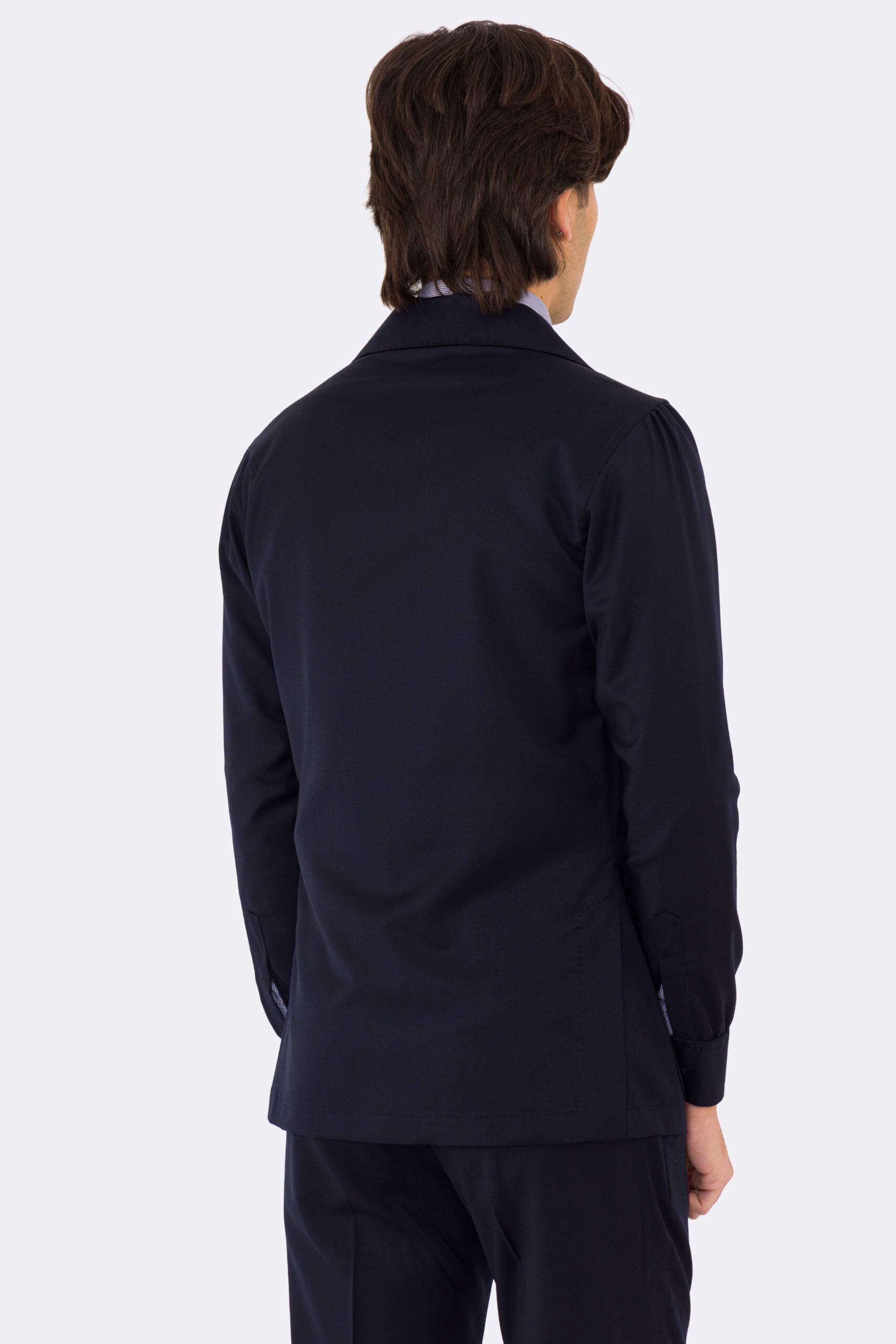 Sahariana blu navy fresco lana Sartoria Carillo tessuti super 110's con tasche a toppa con pattina e soffietto e polso camicia