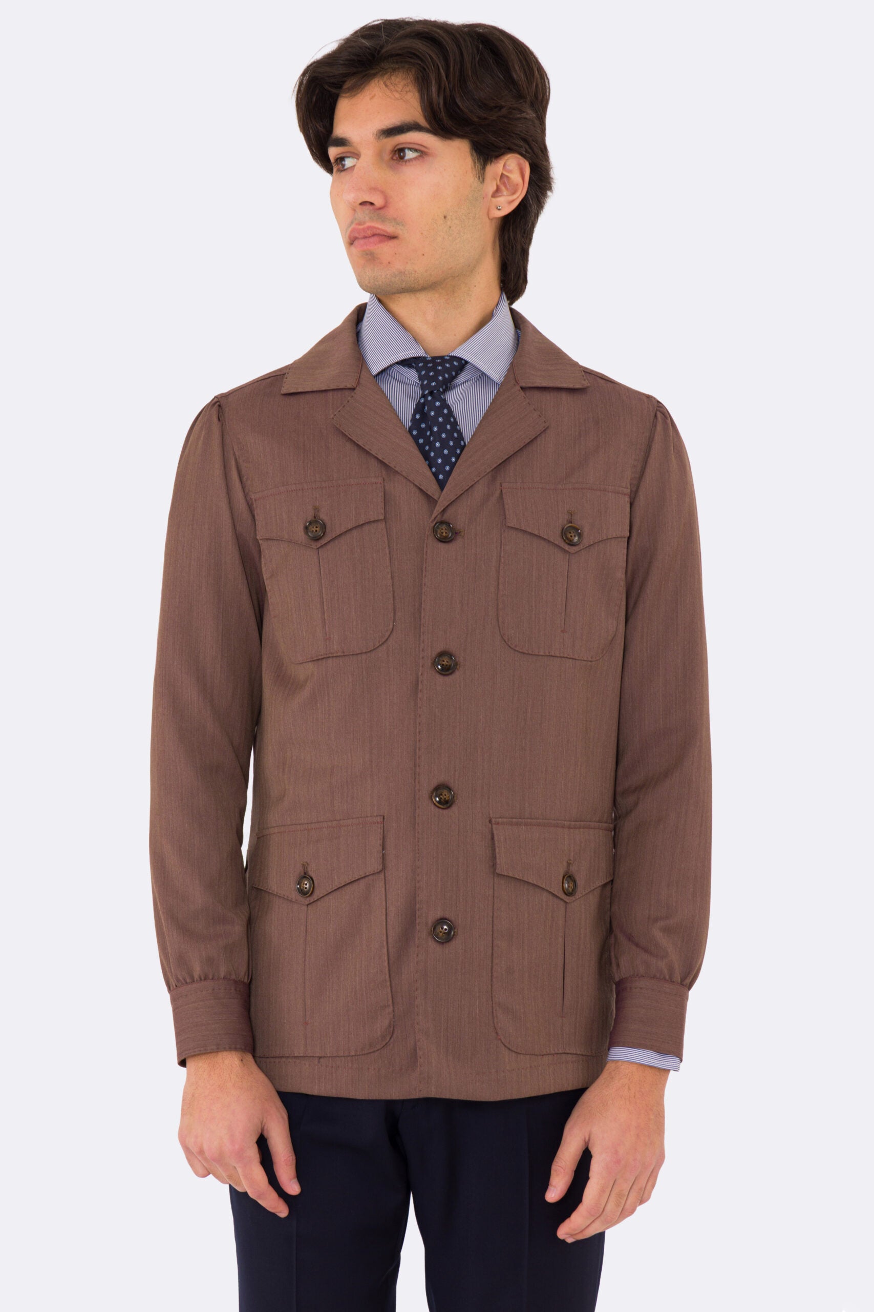 Sahariana  solaro Moro fresco lana Sartoria Carillo tessuti super 110's con tasche a toppa con pattina e soffietto e polso camicia