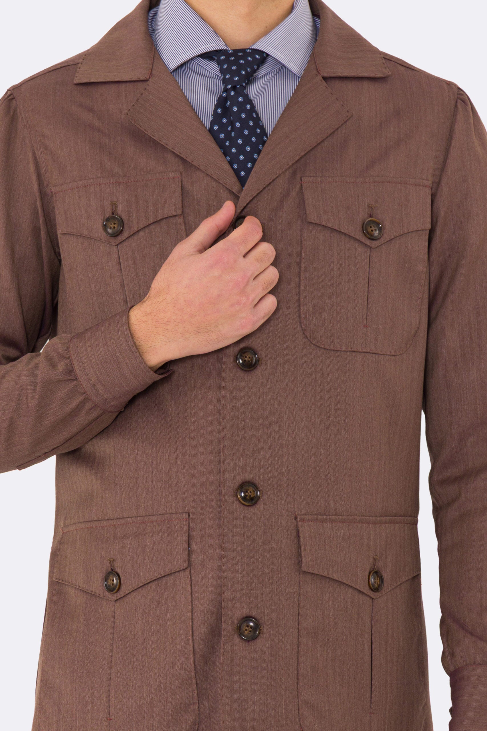 Sahariana  solaro Moro fresco lana Sartoria Carillo tessuti super 110's con tasche a toppa con pattina e soffietto e polso camicia