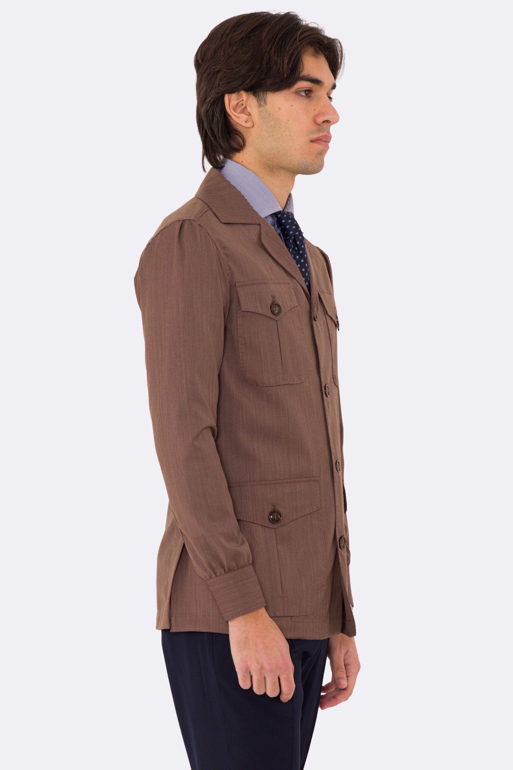 Sahariana  solaro Moro fresco lana Sartoria Carillo tessuti super 110's con tasche a toppa con pattina e soffietto e polso camicia