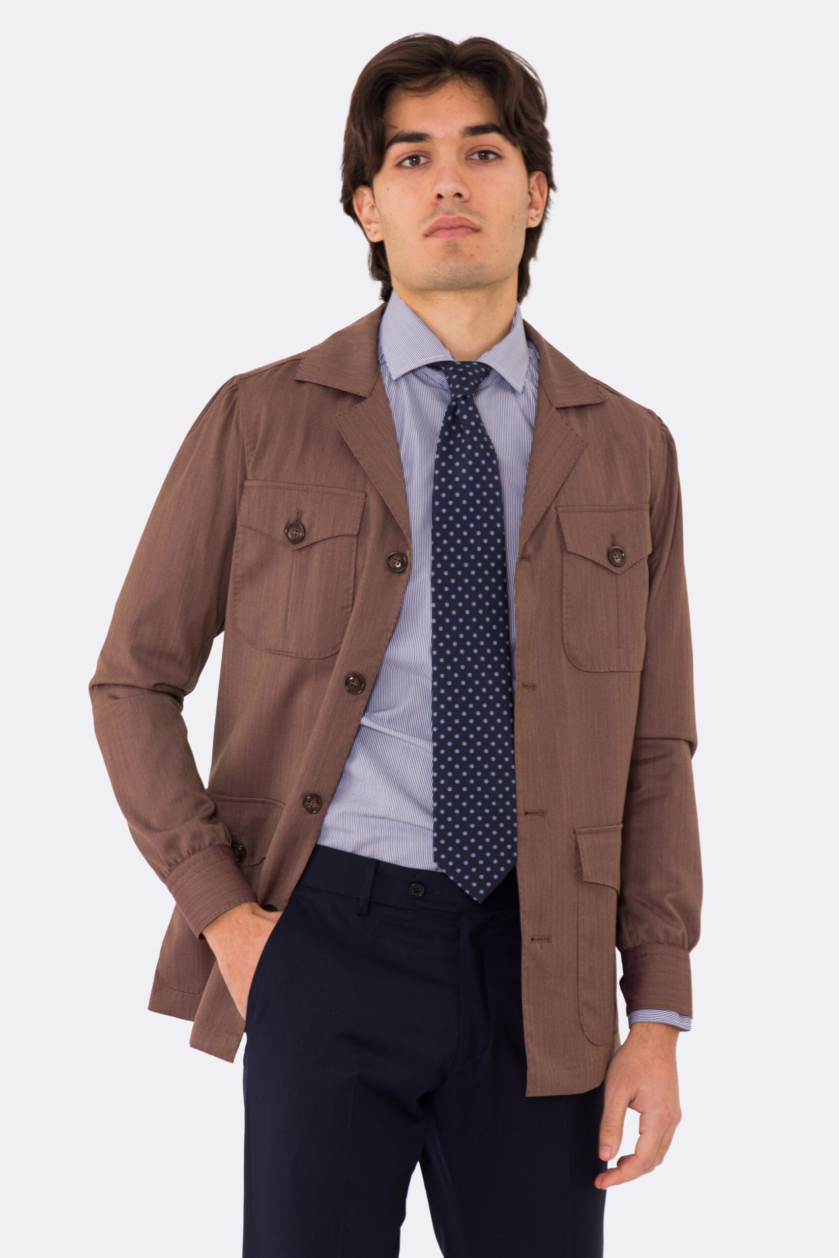 Sahariana  solaro Moro fresco lana Sartoria Carillo tessuti super 110's con tasche a toppa con pattina e soffietto e polso camicia