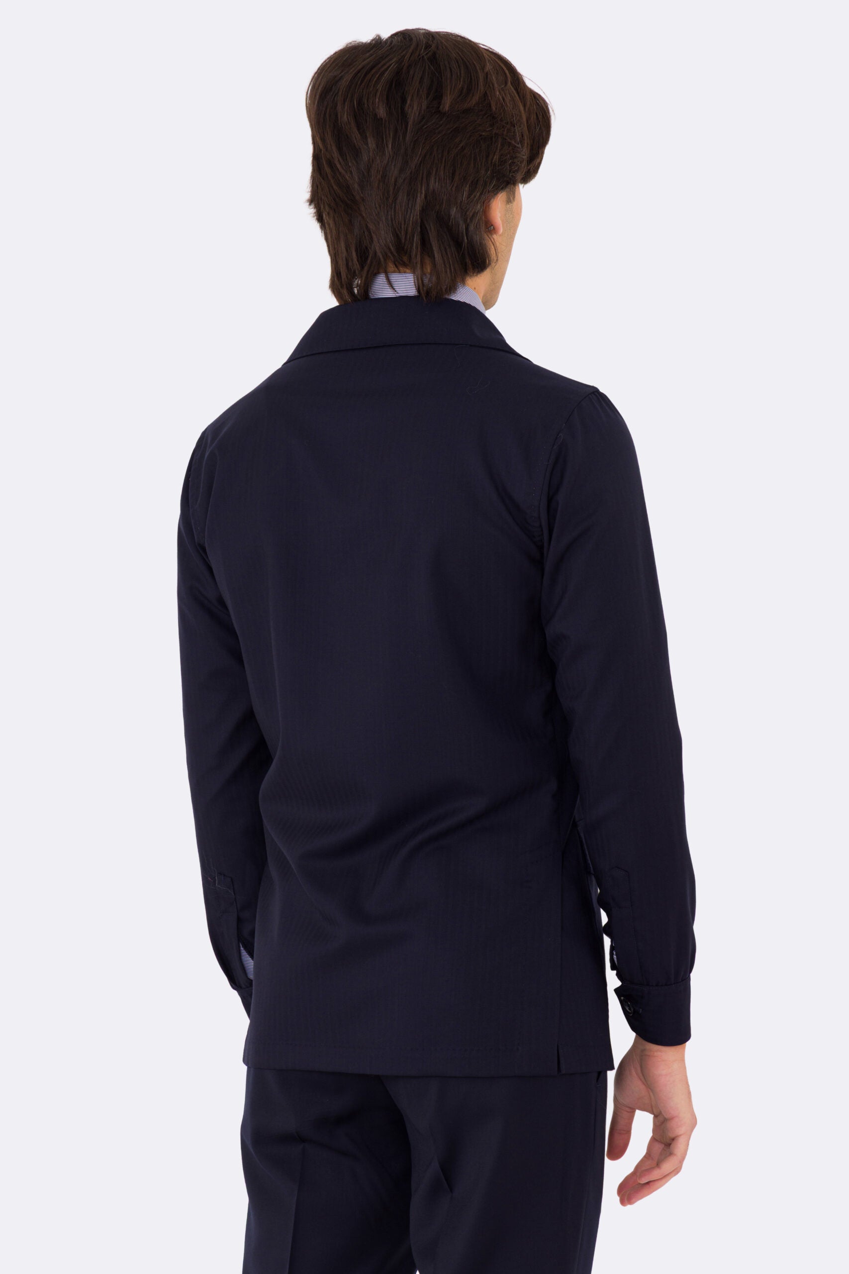 Sahariana spigato blu navy fresco lana Sartoria Carillo tessuti super 150's con tasche a toppa con pattina e soffietto e polso camicia
