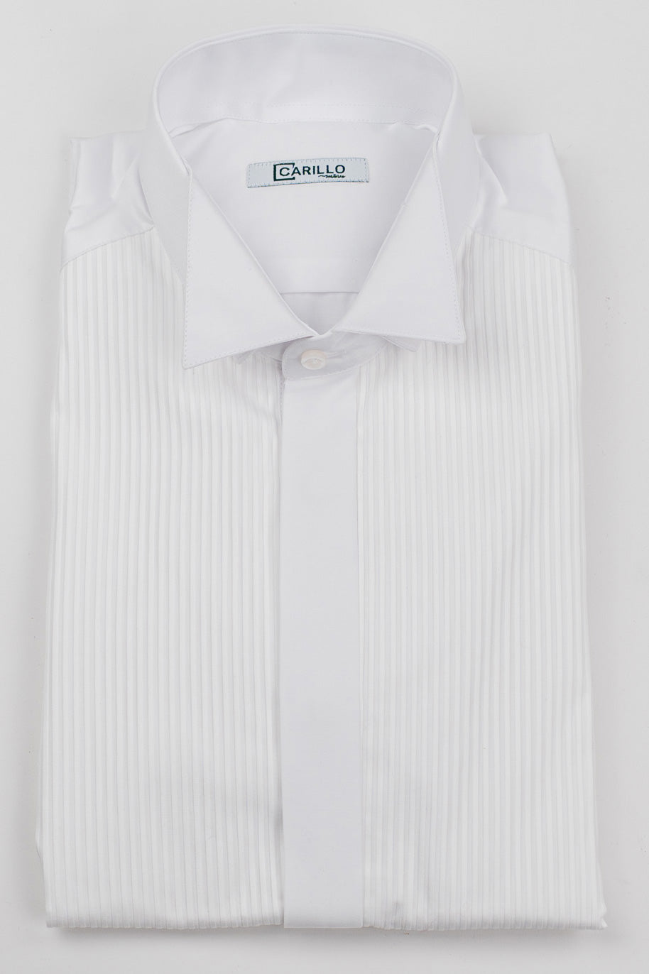 Camicia Bianca collo diplomatico slim fit  con plissè bottoni a scomparsa 100% Cotone Da uomo polso gemelli fintone a scomparsa dietro al collo per papillon slim fit