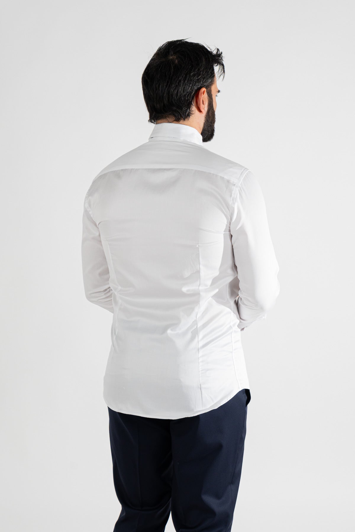 Camicia Bianca collo diplomatico slim fit  con plissè bottoni a scomparsa 100% Cotone Da uomo polso gemelli fintone a scomparsa dietro al collo per papillon slim fit