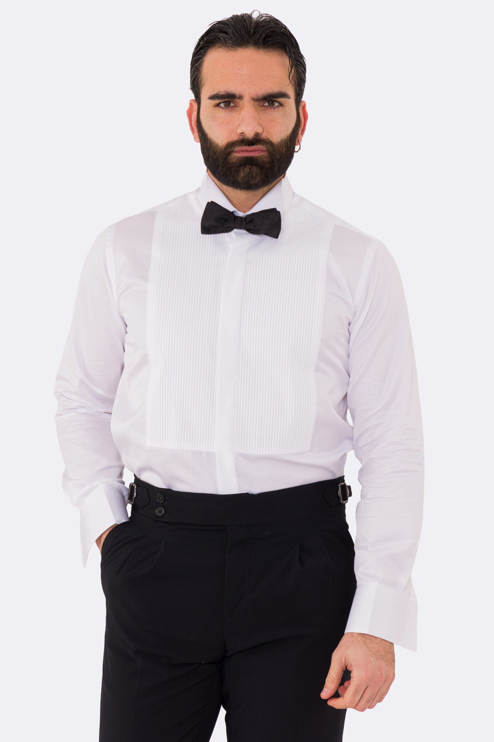 Camicia Bianca regular fit collo diplomatico con plissè  bottoni a scomparsa 100% Cotone Da uomo polso gemelli fintone a scomparsa dietro al collo per papillon slim fit