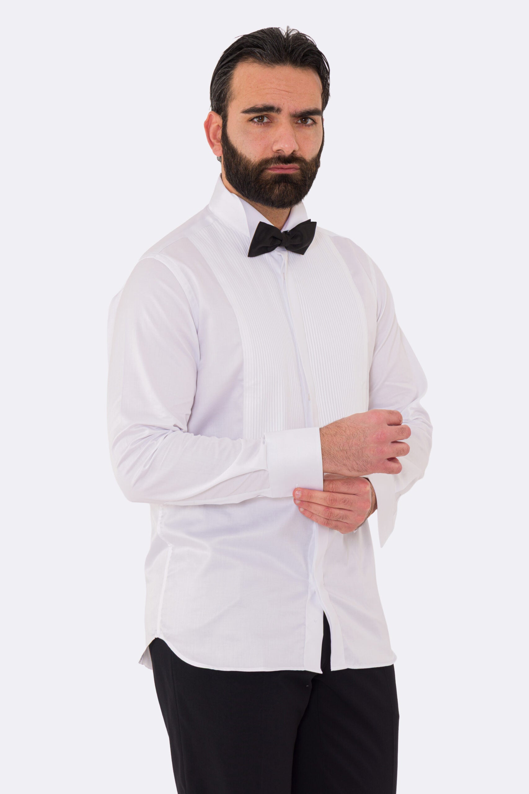 Camicia Bianca regular fit collo diplomatico con plissè  bottoni a scomparsa 100% Cotone Da uomo polso gemelli fintone a scomparsa dietro al collo per papillon slim fit