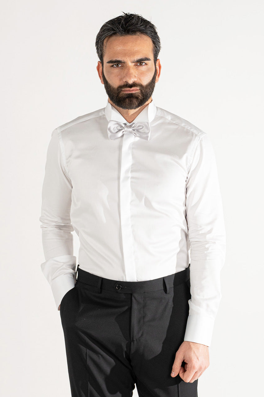 Camicia Bianca collo diplomatico bottoni a scomparsa 100% Cotone Da uomo polso gemelli fintone a scomparsa dietro al collo per papillon slim fit
