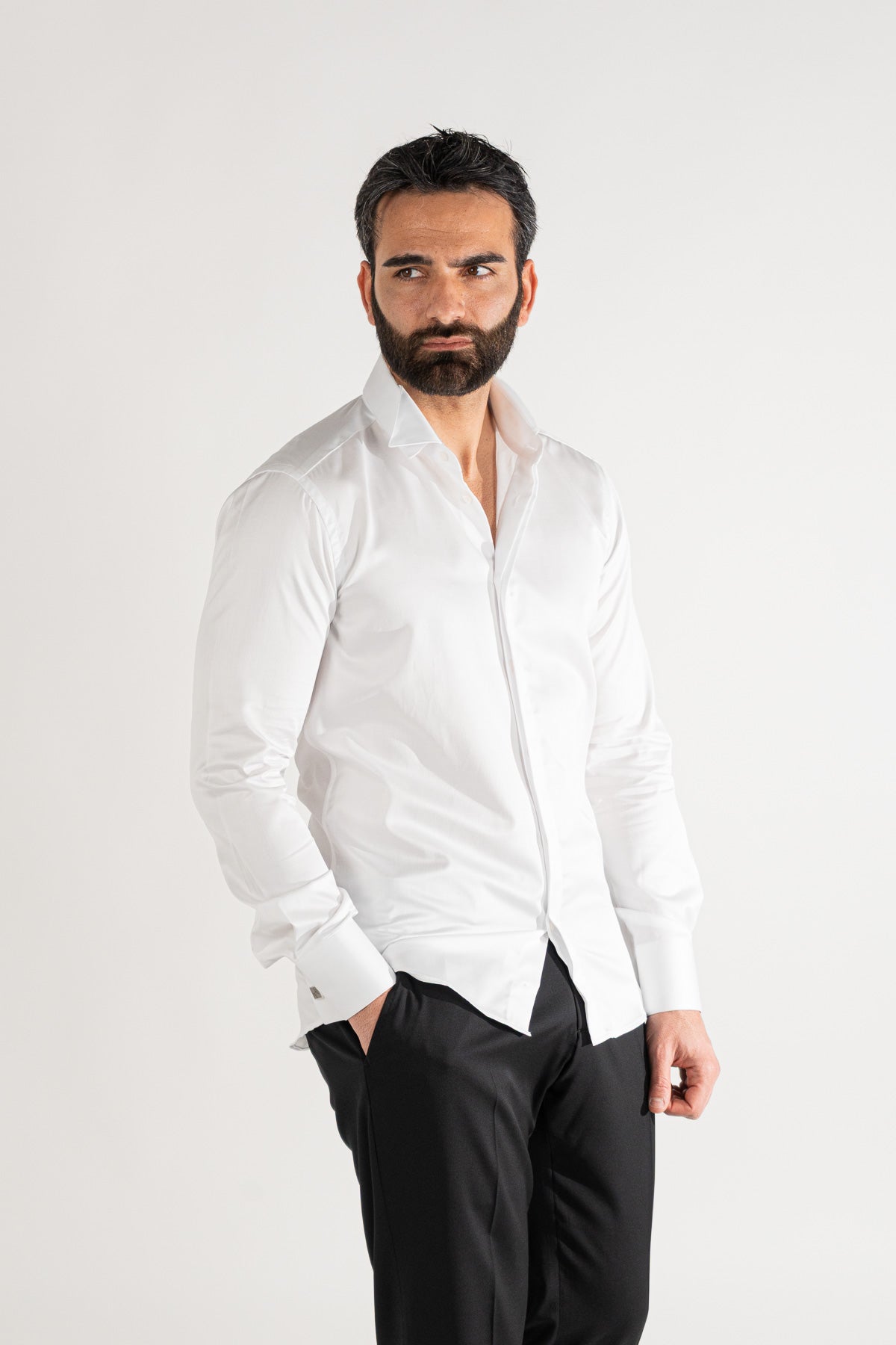 Camicia Bianca collo diplomatico bottoni a scomparsa 100% Cotone Da uomo polso gemelli fintone a scomparsa dietro al collo per papillon slim fit