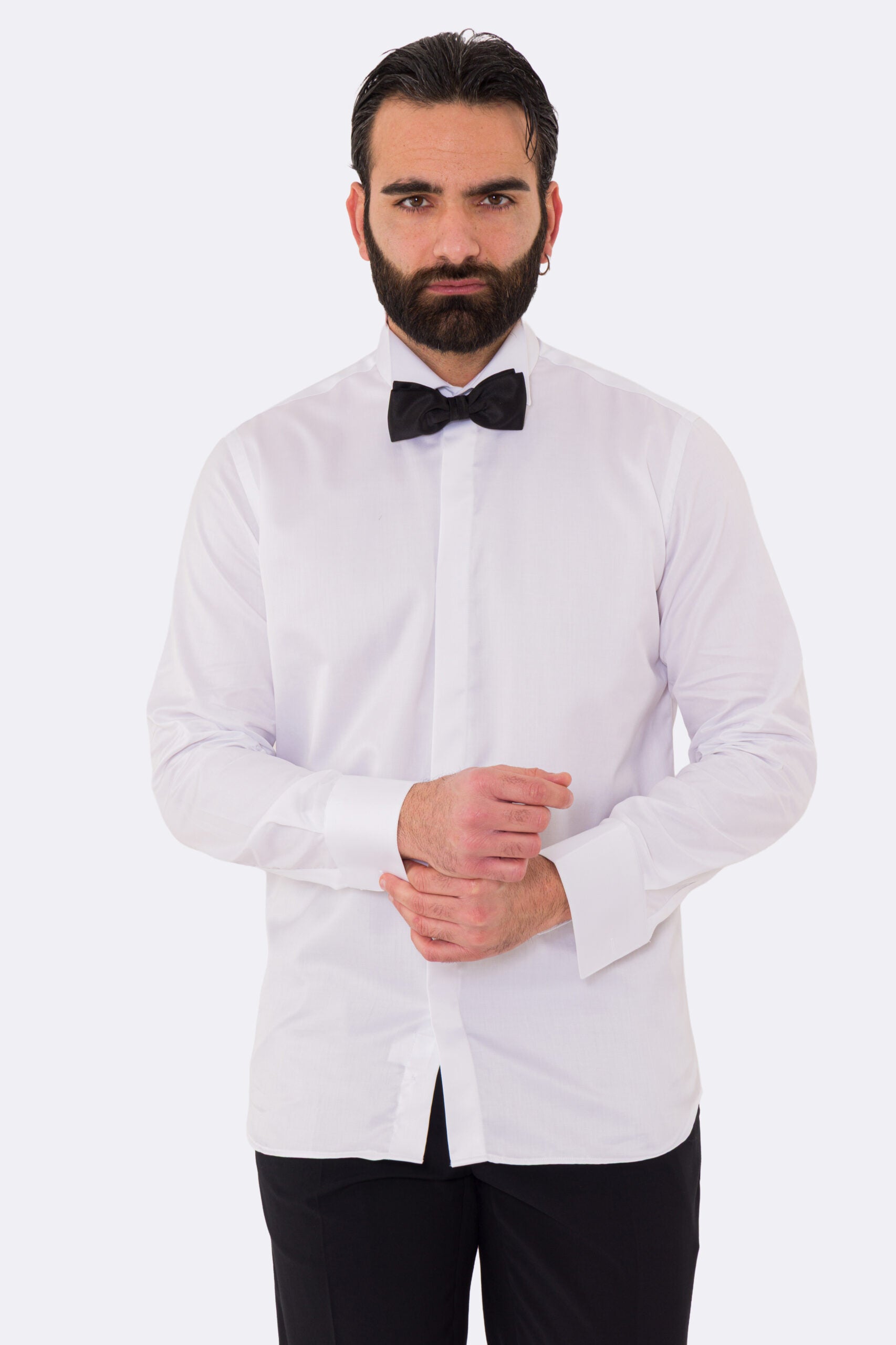 Camicia Bianca regular fit collo diplomatico bottoni a scomparsa 100% Cotone Da uomo polso gemelli fintone a scomparsa dietro al collo per papillon slim fit