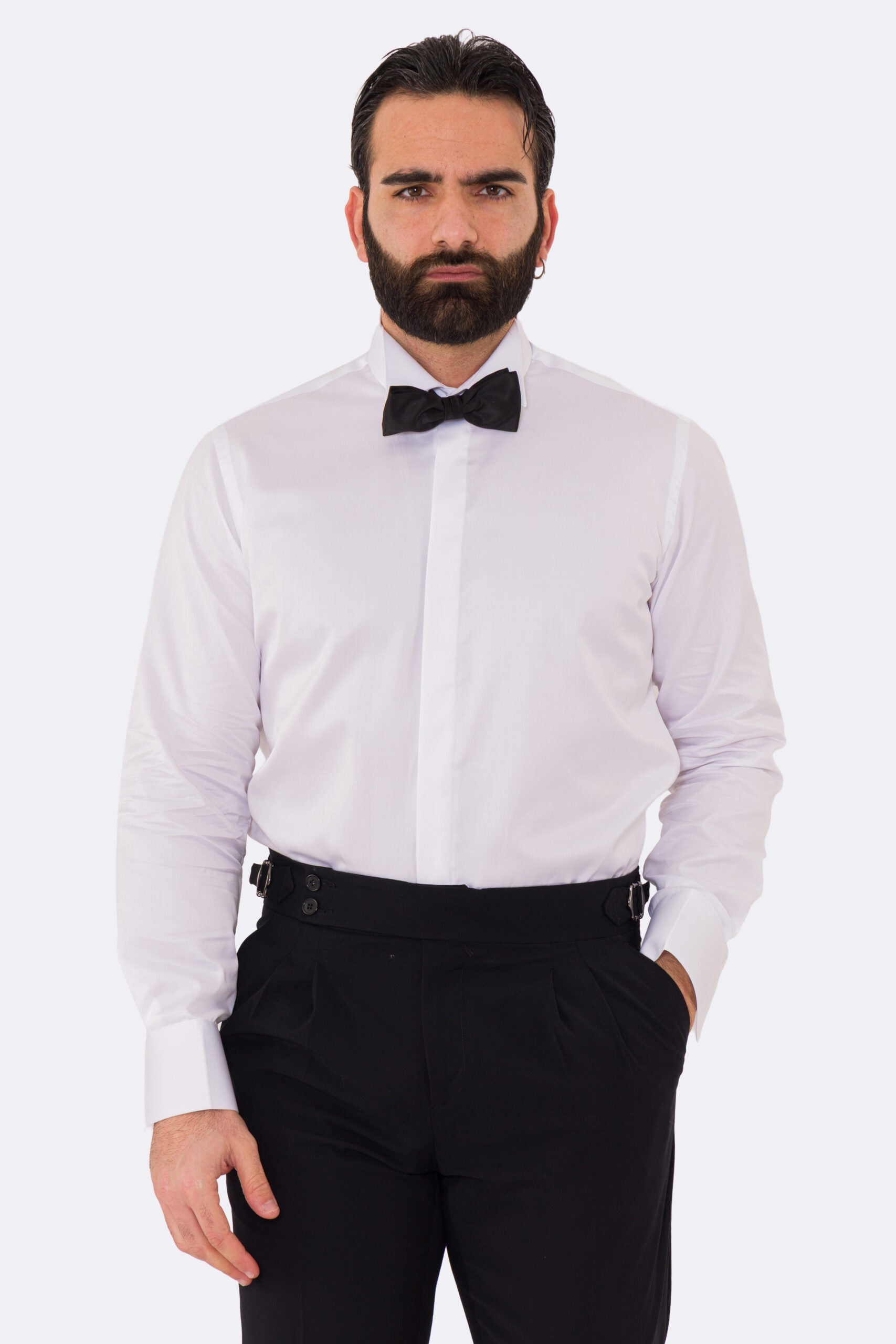 Camicia Bianca regular fit collo diplomatico bottoni a scomparsa 100% Cotone Da uomo polso gemelli fintone a scomparsa dietro al collo per papillon slim fit