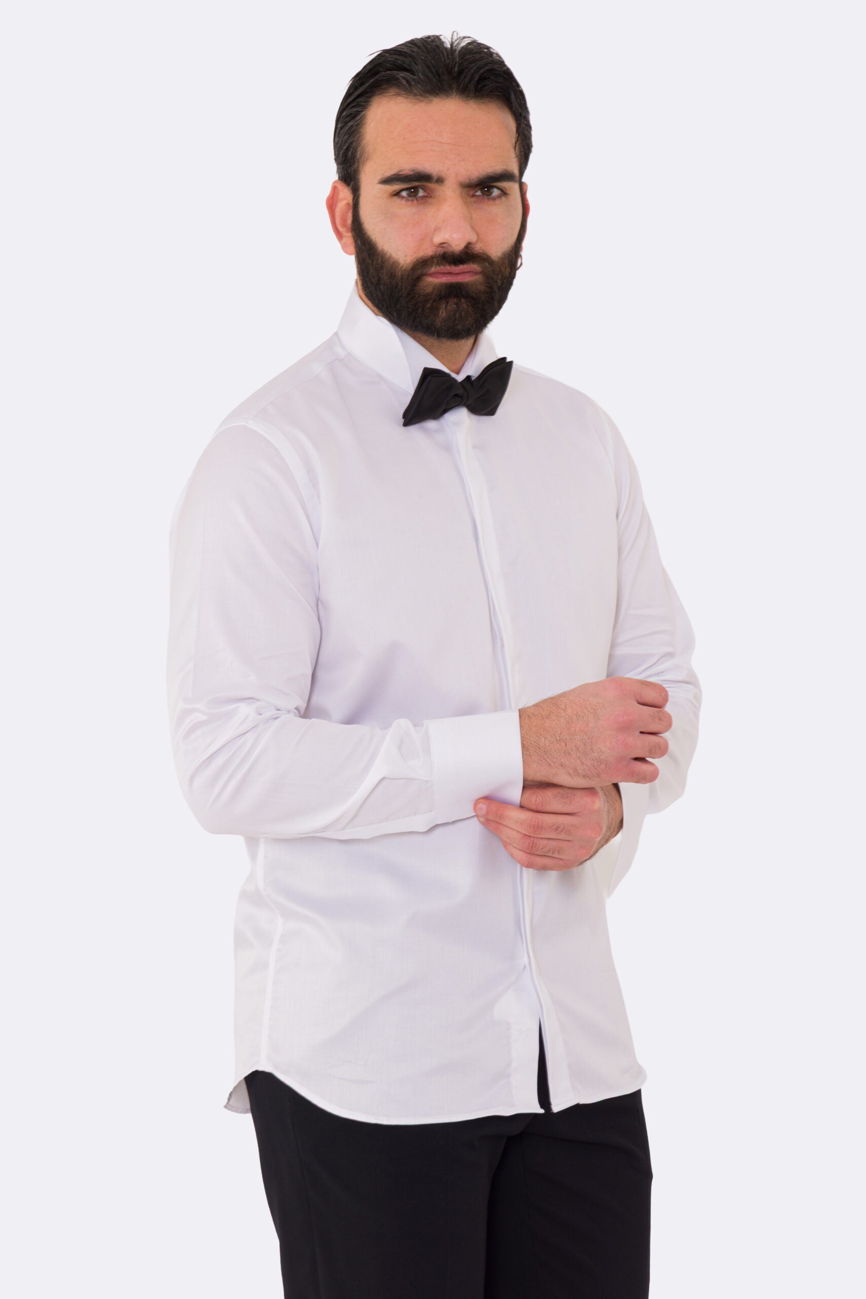 Camicia Bianca regular fit collo diplomatico bottoni a scomparsa 100% Cotone Da uomo polso gemelli fintone a scomparsa dietro al collo per papillon slim fit