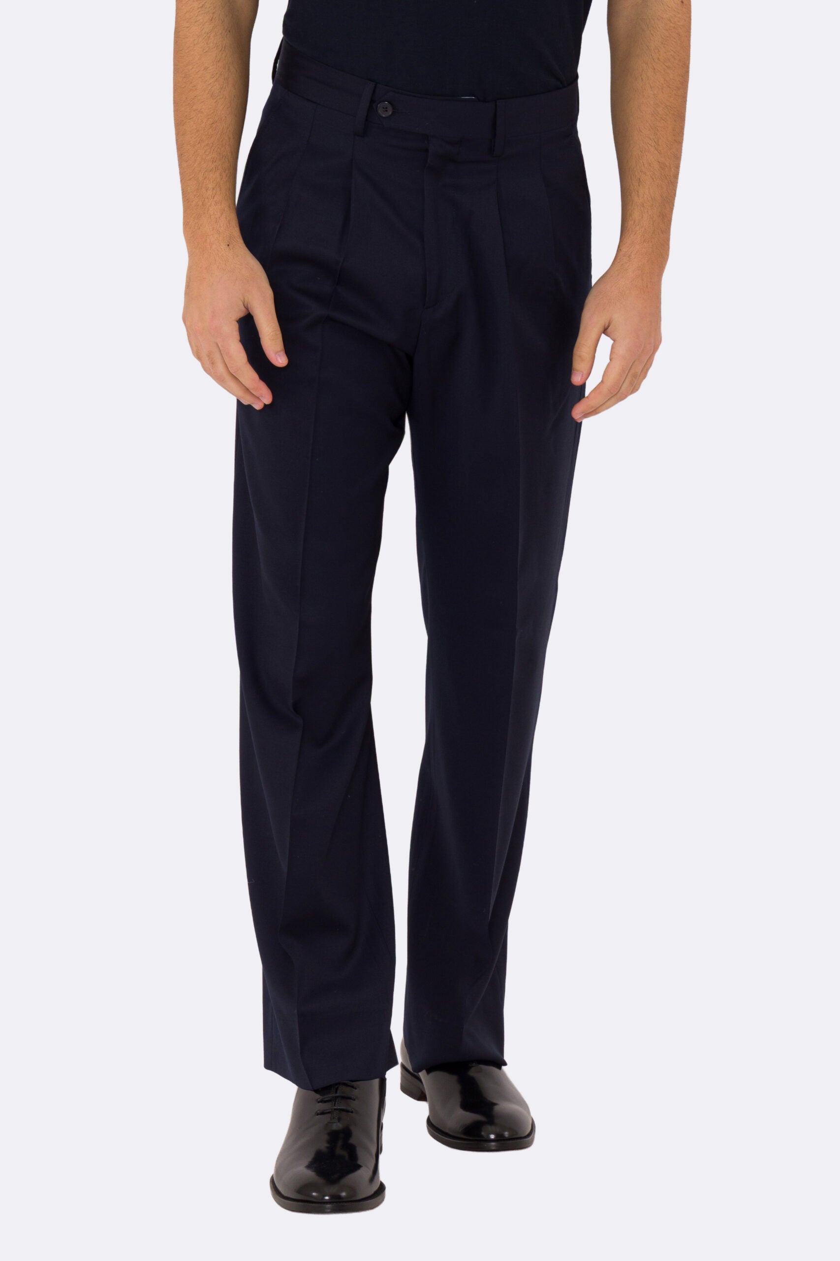 Pantalone japan blu navy con passanti uomo  in fresco lana super 110's Tessuti in esclusiva Sartoria Carillo  vita alta doppia pinces