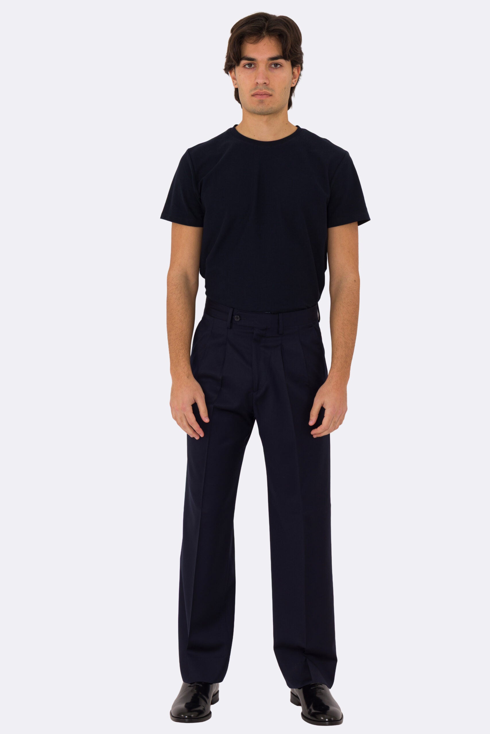 Pantalone japan blu navy con passanti uomo  in fresco lana super 110's Tessuti in esclusiva Sartoria Carillo  vita alta doppia pinces