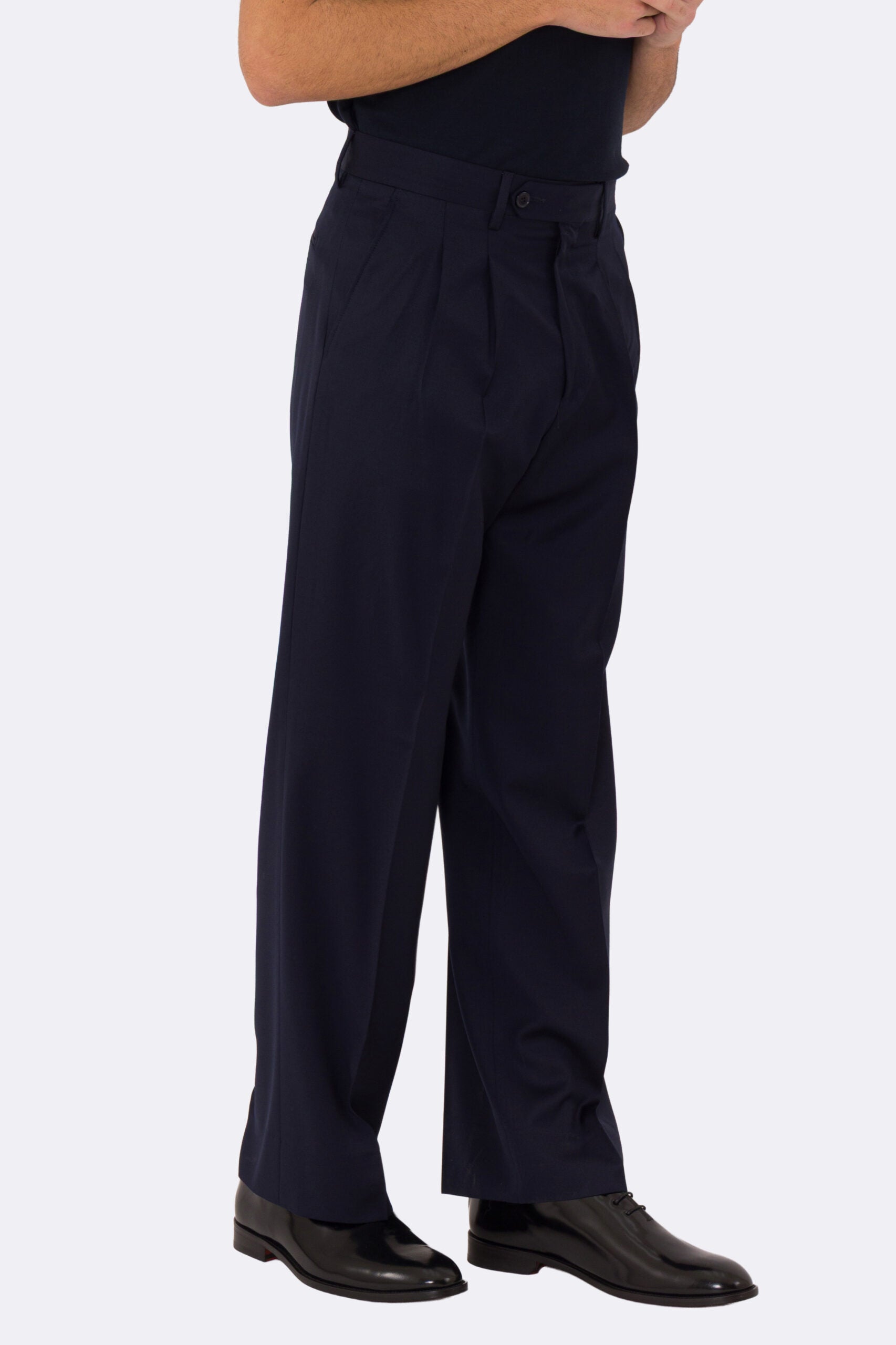Pantalone japan blu navy con passanti uomo  in fresco lana super 110's Tessuti in esclusiva Sartoria Carillo  vita alta doppia pinces