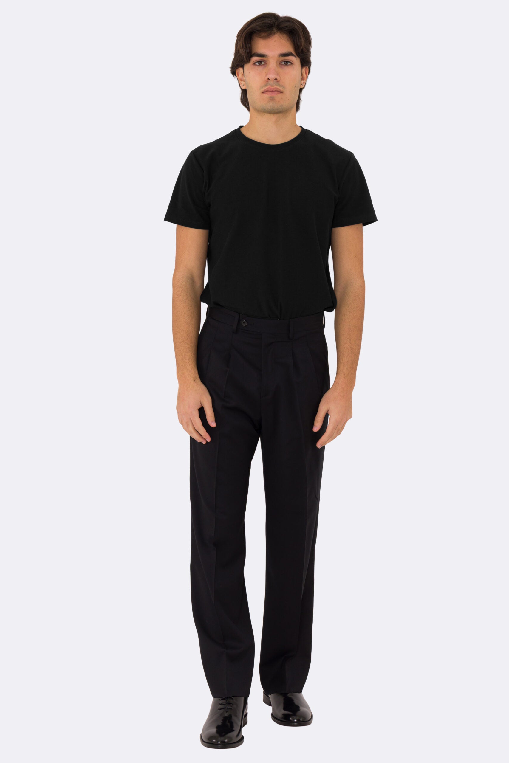 Pantalone japan nero con passanti uomo  in fresco lana super 110's Tessuti in esclusiva Sartoria Carillo  vita alta doppia pinces