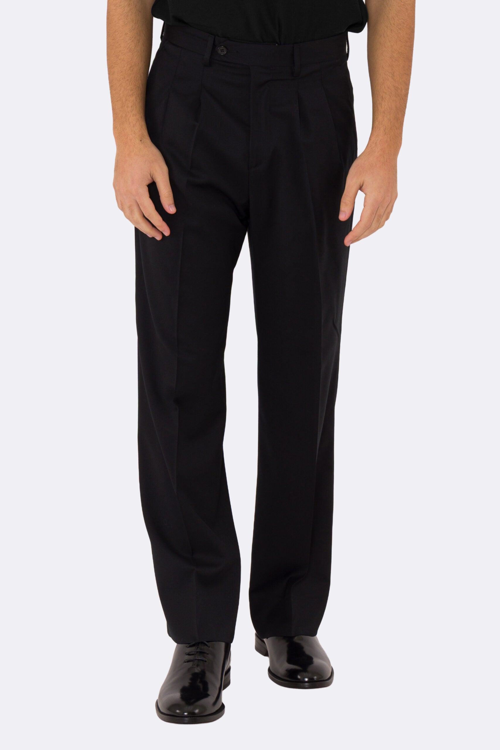 Pantalone japan nero con passanti uomo  in fresco lana super 110's Tessuti in esclusiva Sartoria Carillo  vita alta doppia pinces