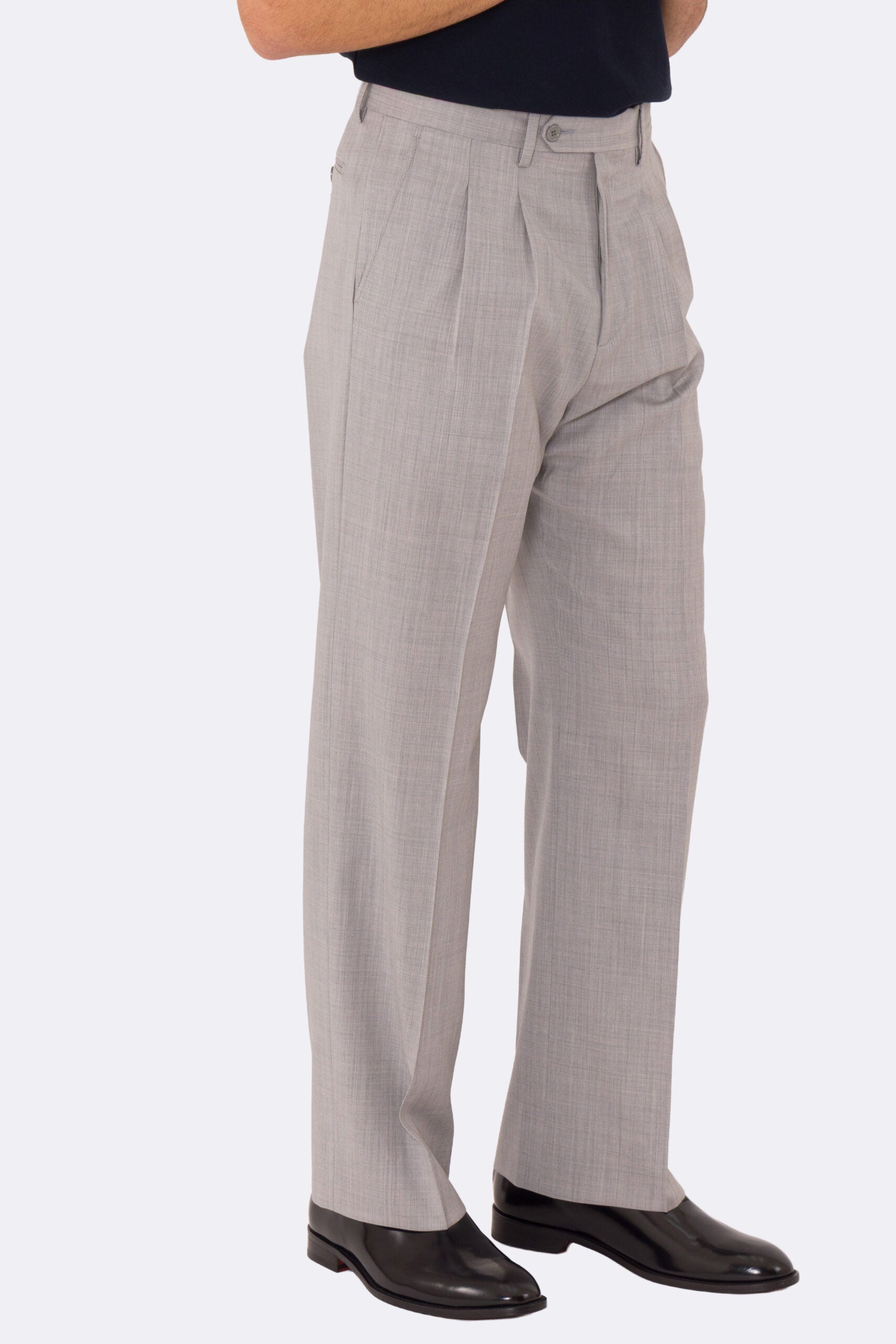 Pantalone japan grigio chiaro con passanti uomo  in fresco lana super 110's Tessuti in esclusiva Sartoria Carillo  vita alta doppia pinces