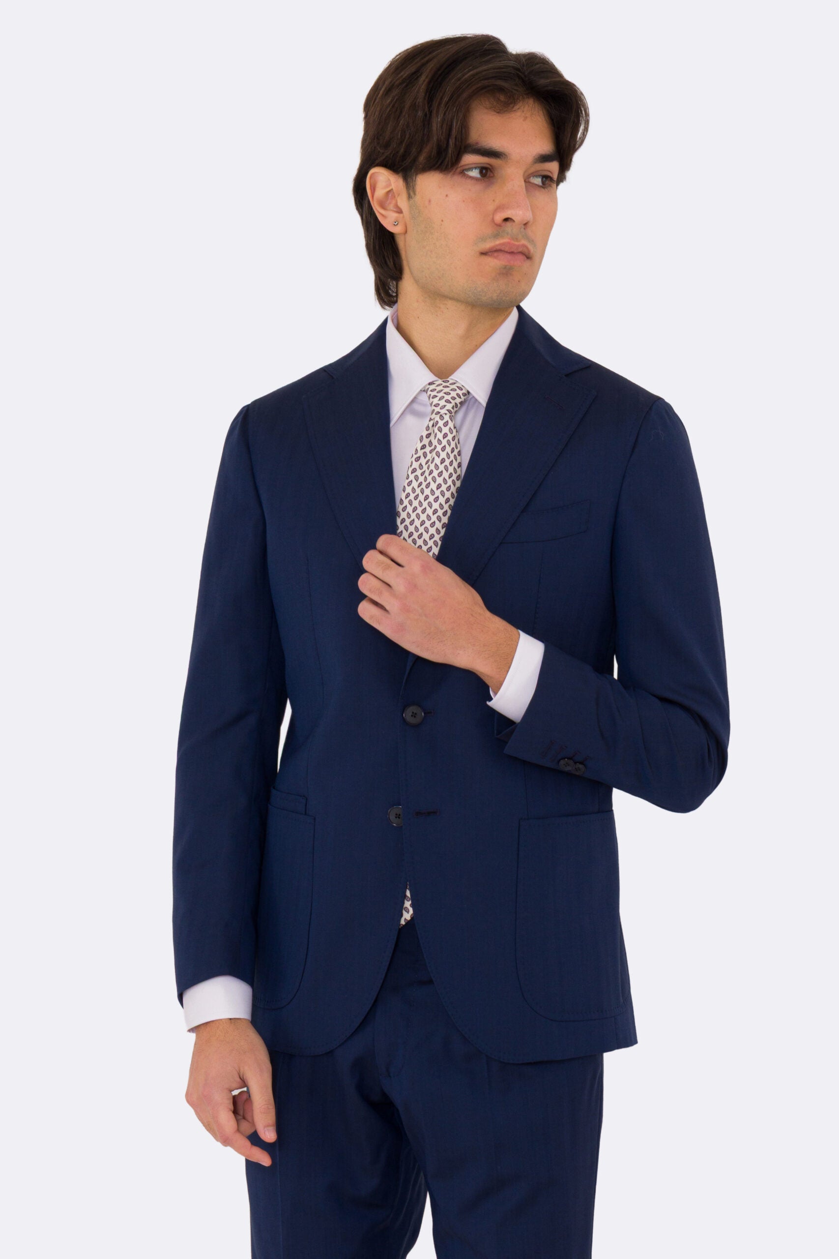 Abito uomo semi intelato blu spigato monopetto in fresco lana super 130's Fordam tessuti Rever a classico 9cm.