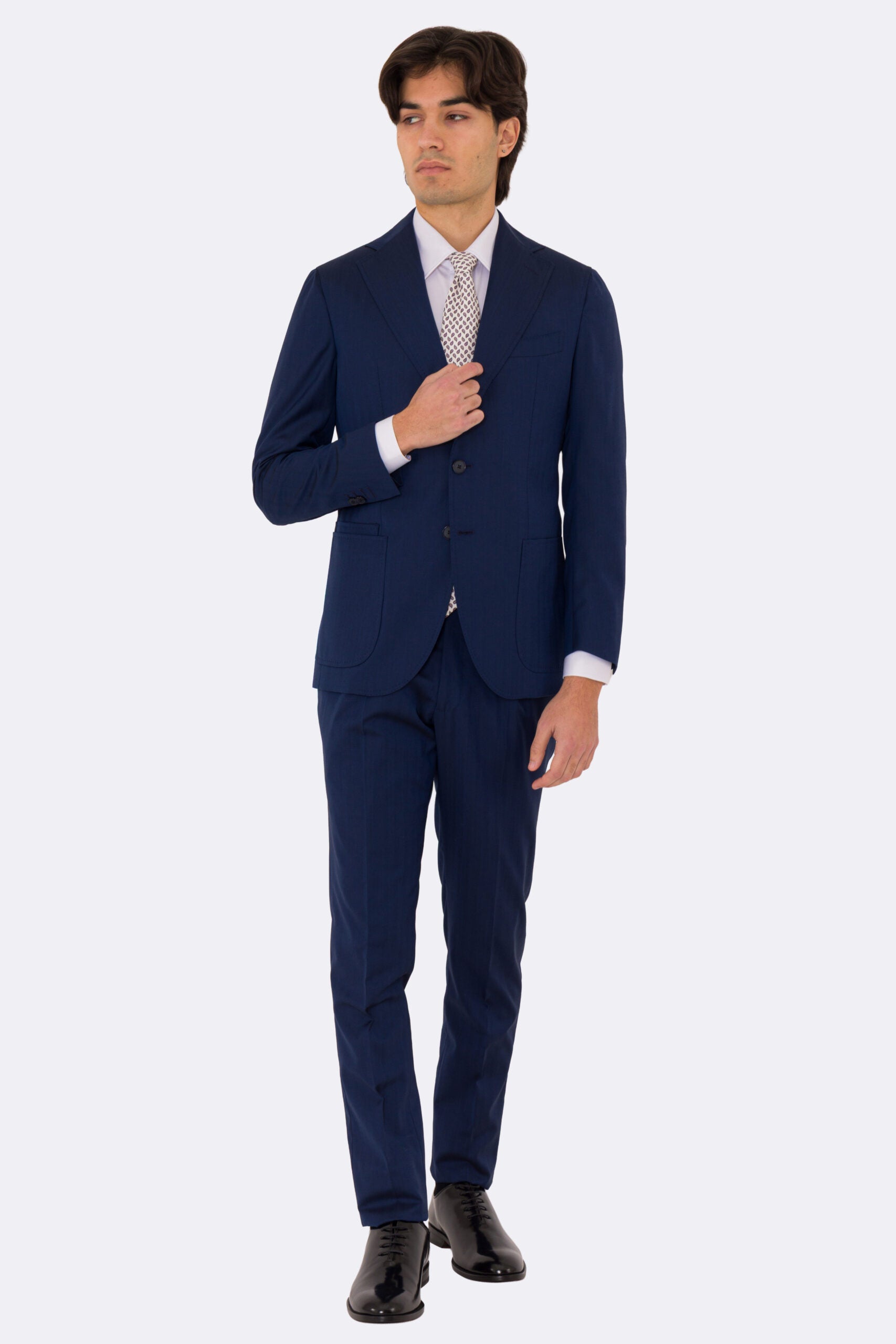 Abito uomo semi intelato blu spigato monopetto in fresco lana super 130's Fordam tessuti Rever a classico 9cm.