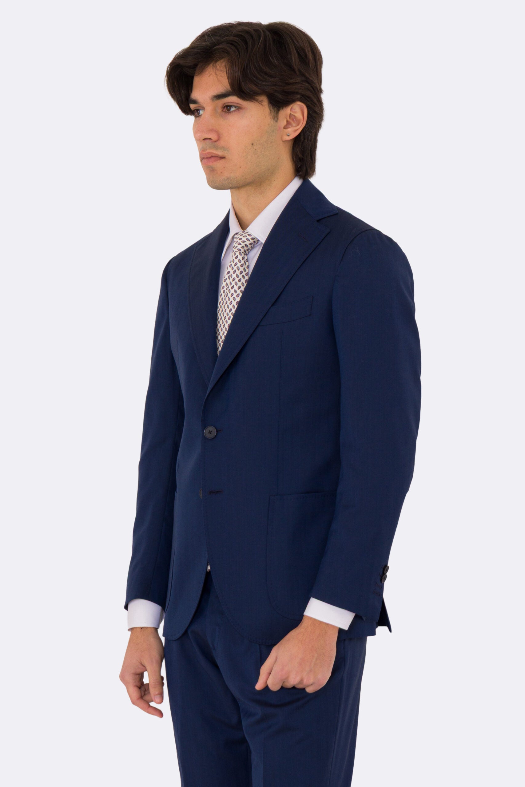 Abito uomo semi intelato blu spigato monopetto in fresco lana super 130's Fordam tessuti Rever a classico 9cm.