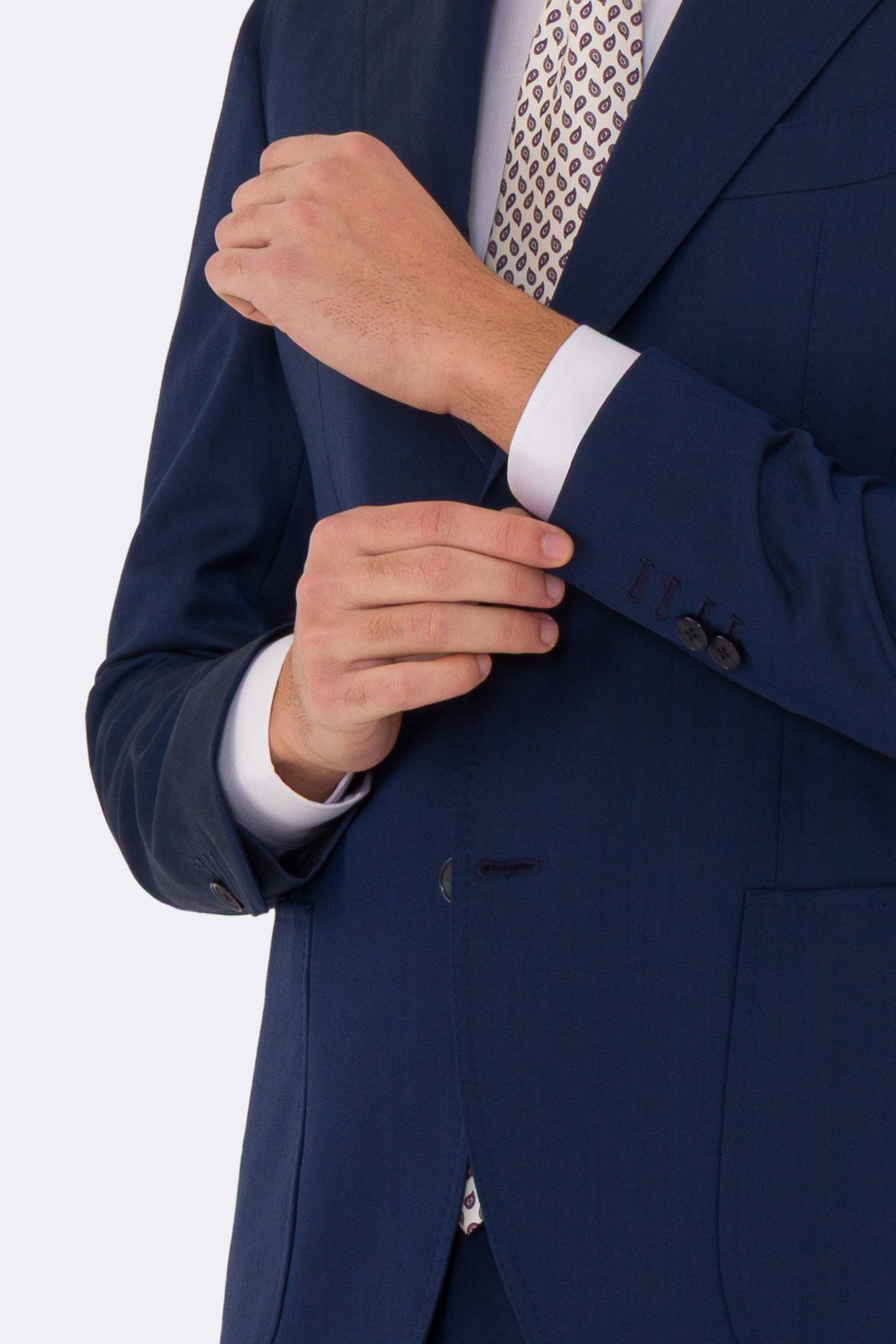 Abito uomo semi intelato blu spigato monopetto in fresco lana super 130's Fordam tessuti Rever a classico 9cm.