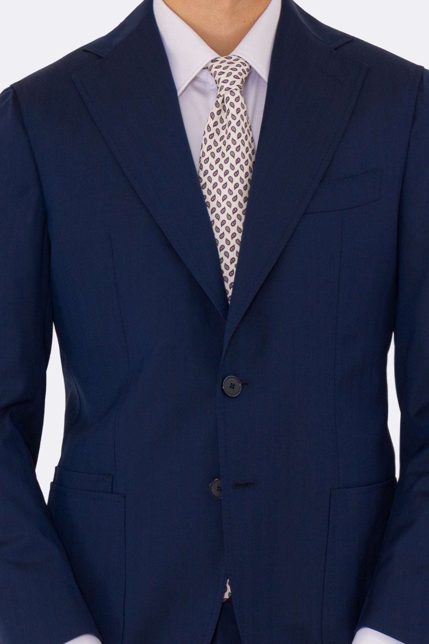 Abito uomo semi intelato blu spigato monopetto in fresco lana super 130's Fordam tessuti Rever a classico 9cm.