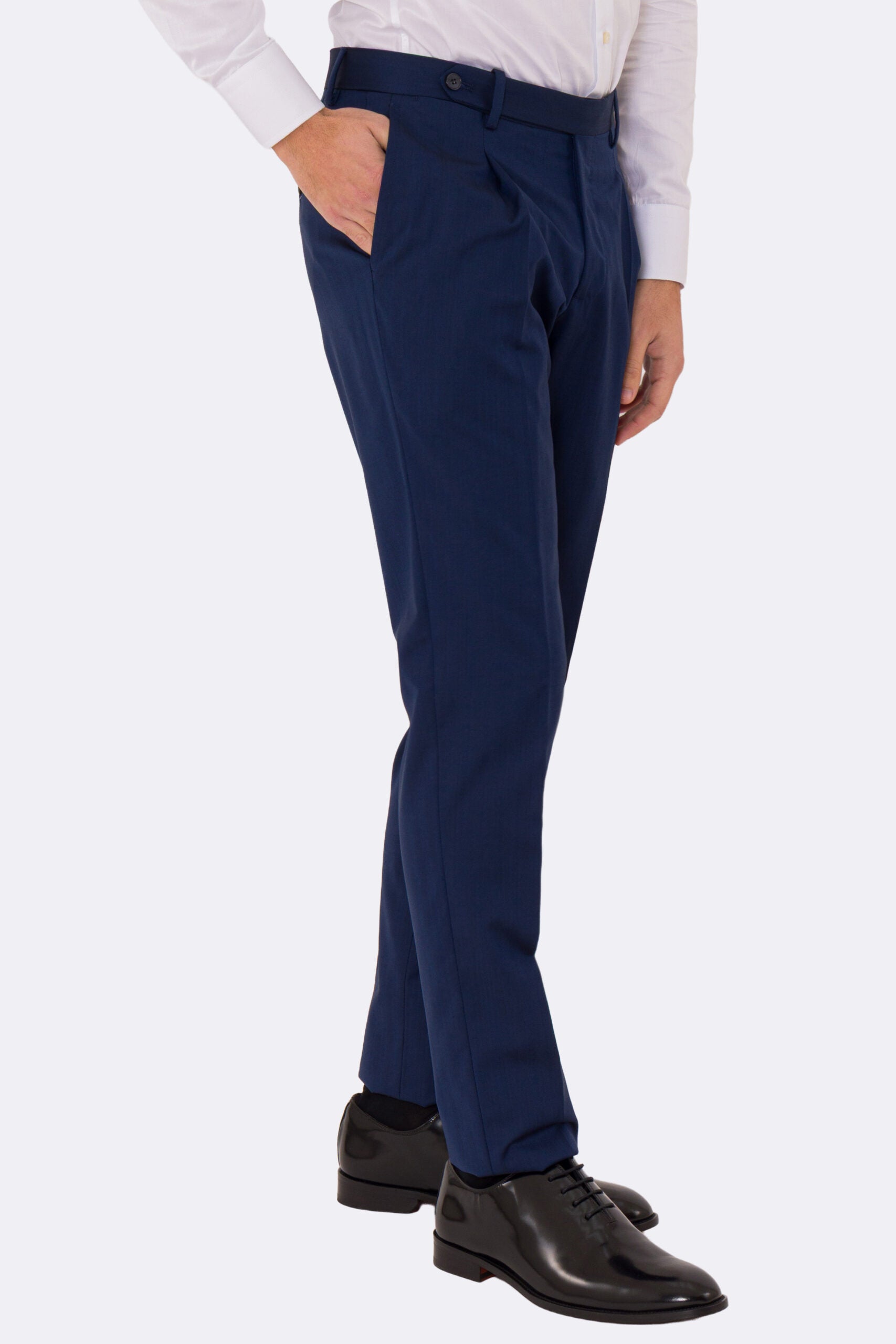 Abito uomo semi intelato blu spigato monopetto in fresco lana super 130's Fordam tessuti Rever a classico 9cm.