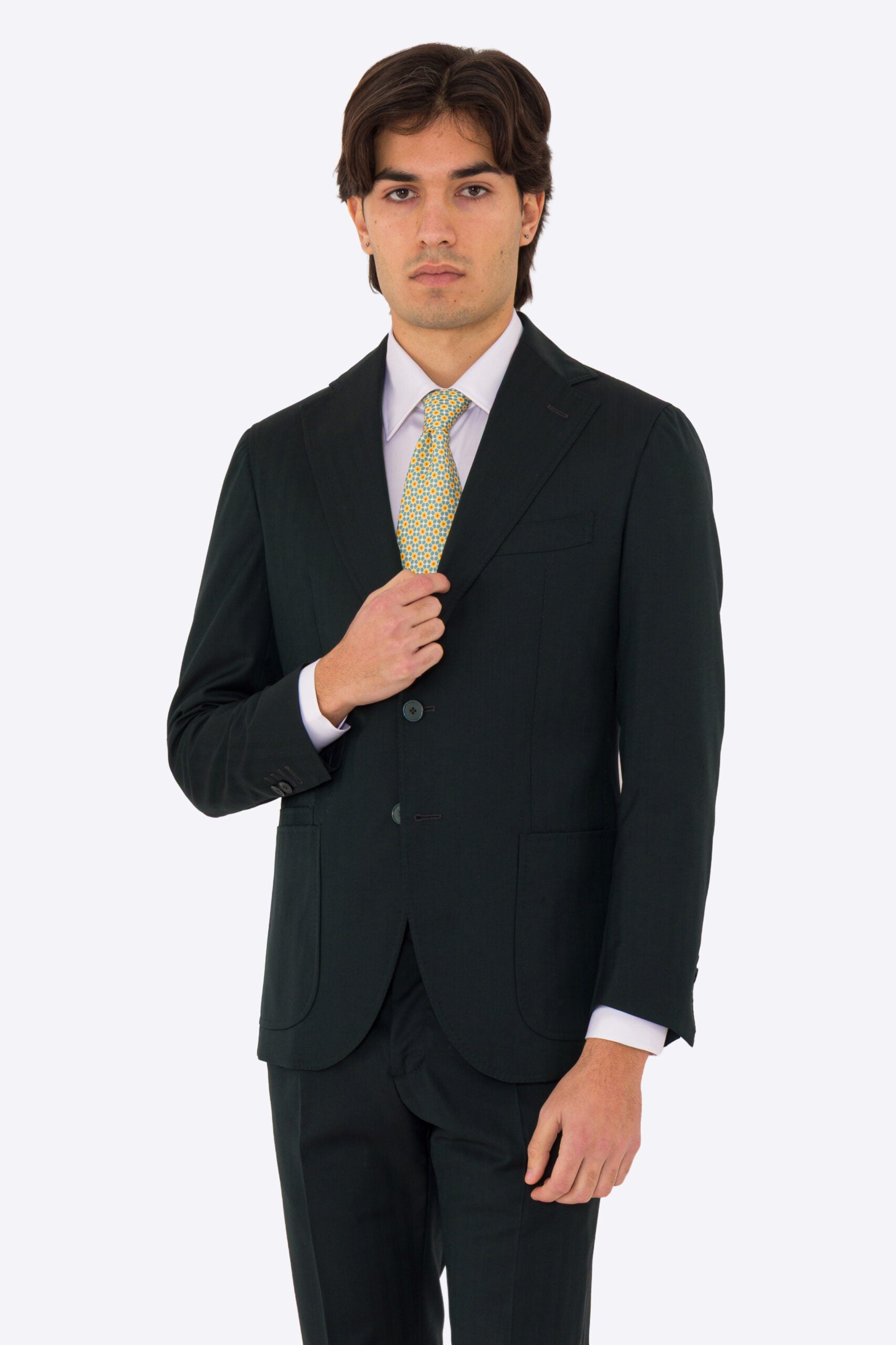 Abito uomo semi intelato Verde spigato monopetto in fresco lana super 130's Fordam tessuti Rever a classico 9cm